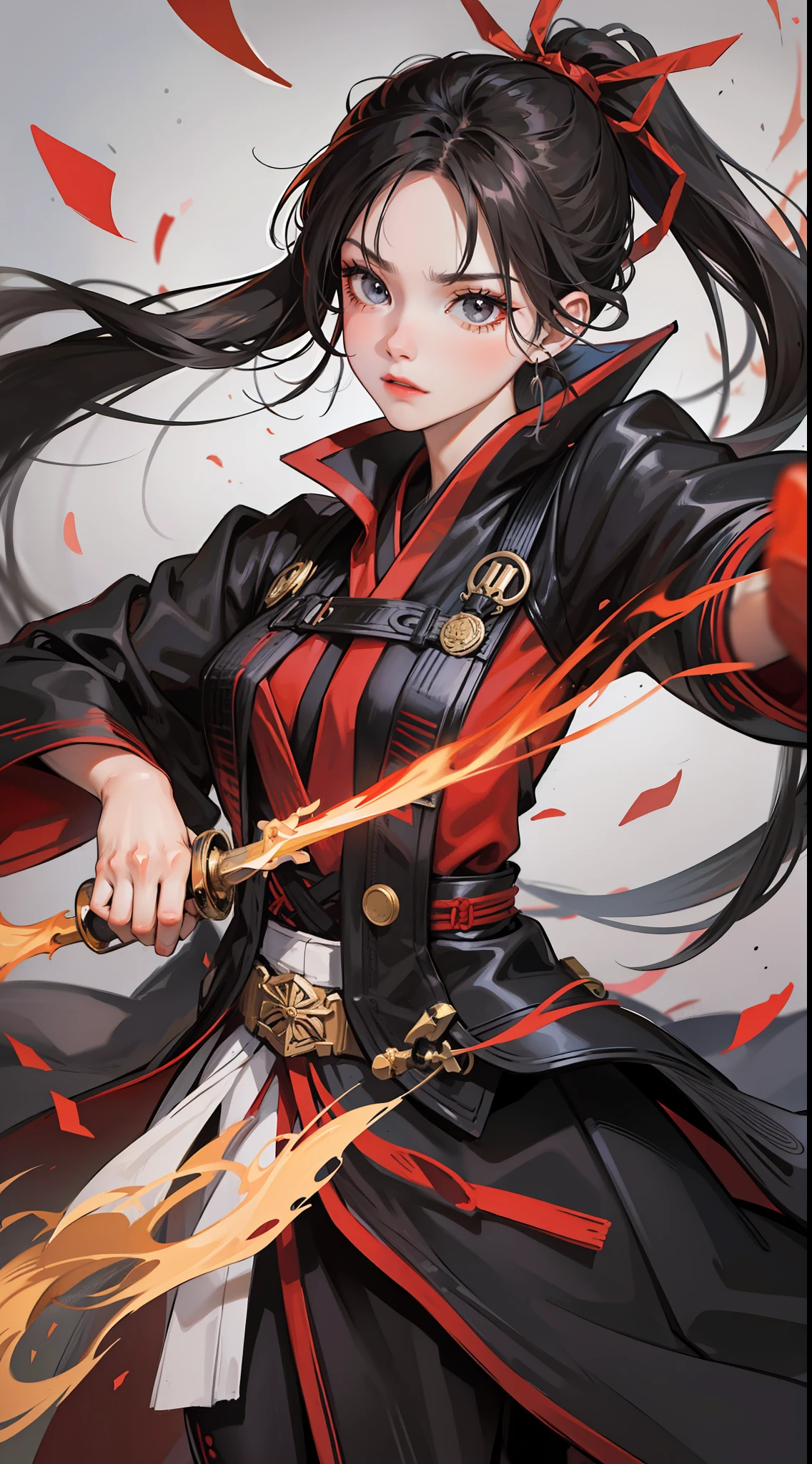 Adult man, black long hair, high ponytail, gray eyes, red hanfu, fiery sword, masterpiece, high quality