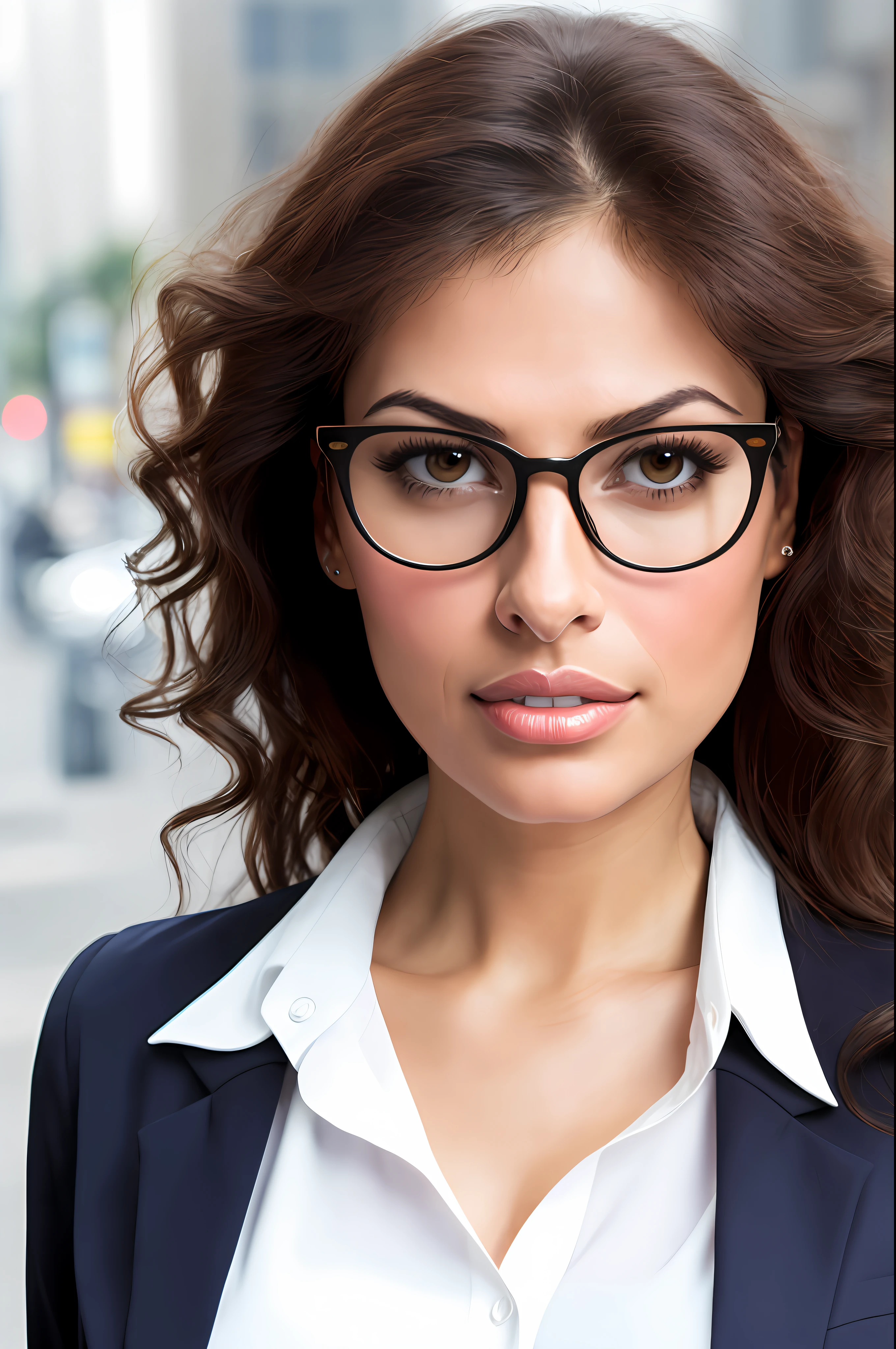 fashion photo, frontal close-up adult and beautiful Latina woman, curly and dark hair running over her sweaty face, walking in a metropolis in office raje blouse, button blouse, (small breasts), dark blazer over white blouse, , movie experience, (realistic photo) woman of intense beauty, Eva Mendes, round glasses, very realistic.