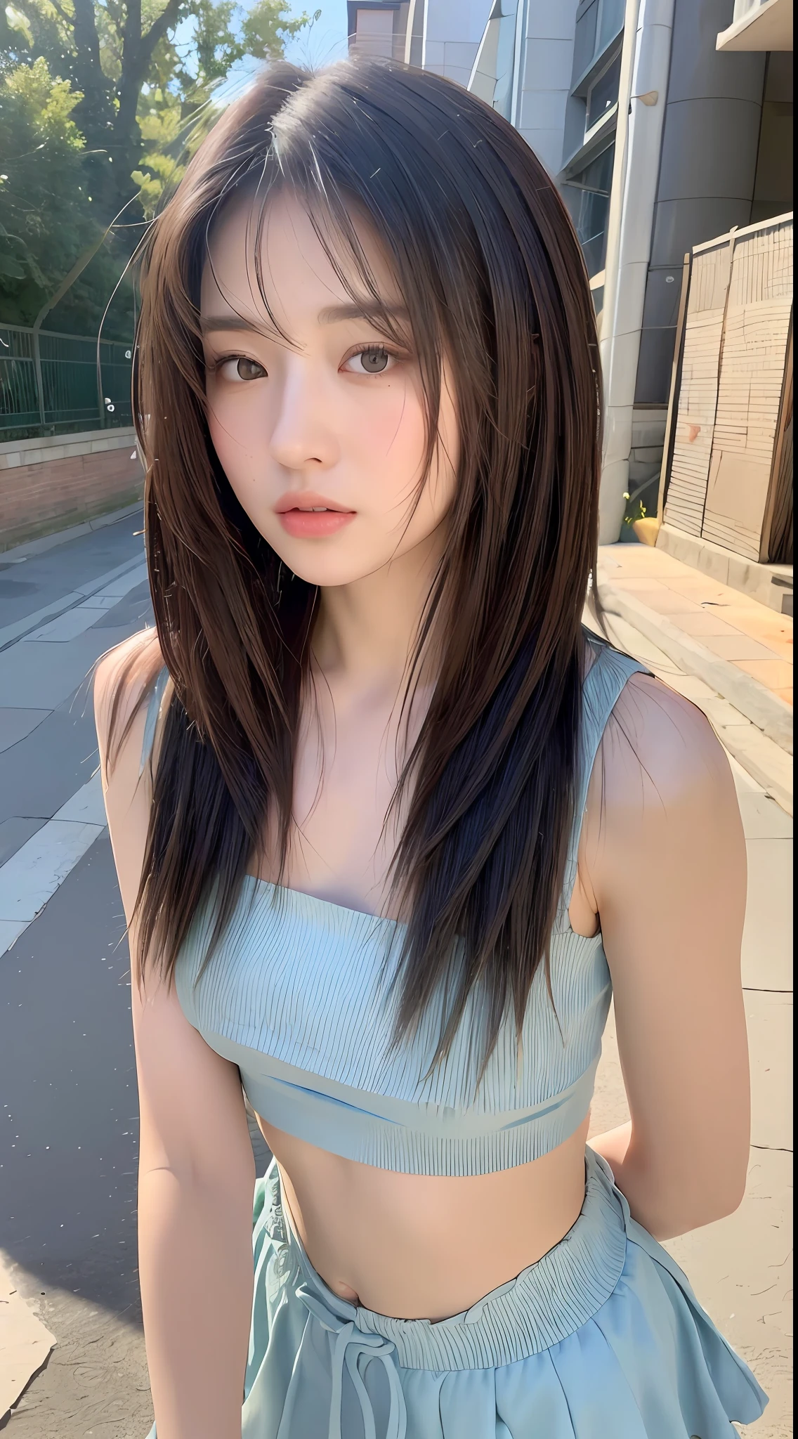((Best quality, 8k, Masterpiece :1.3)), Sharp focus :1.2, Perfect Body Beauty:1.4, Slim Abs:1.2, ((Layered hairstyle, shyness:1.2)), (Street:1.2), Highly detailed face and skin texture, Fine eyes, Double eyelids,