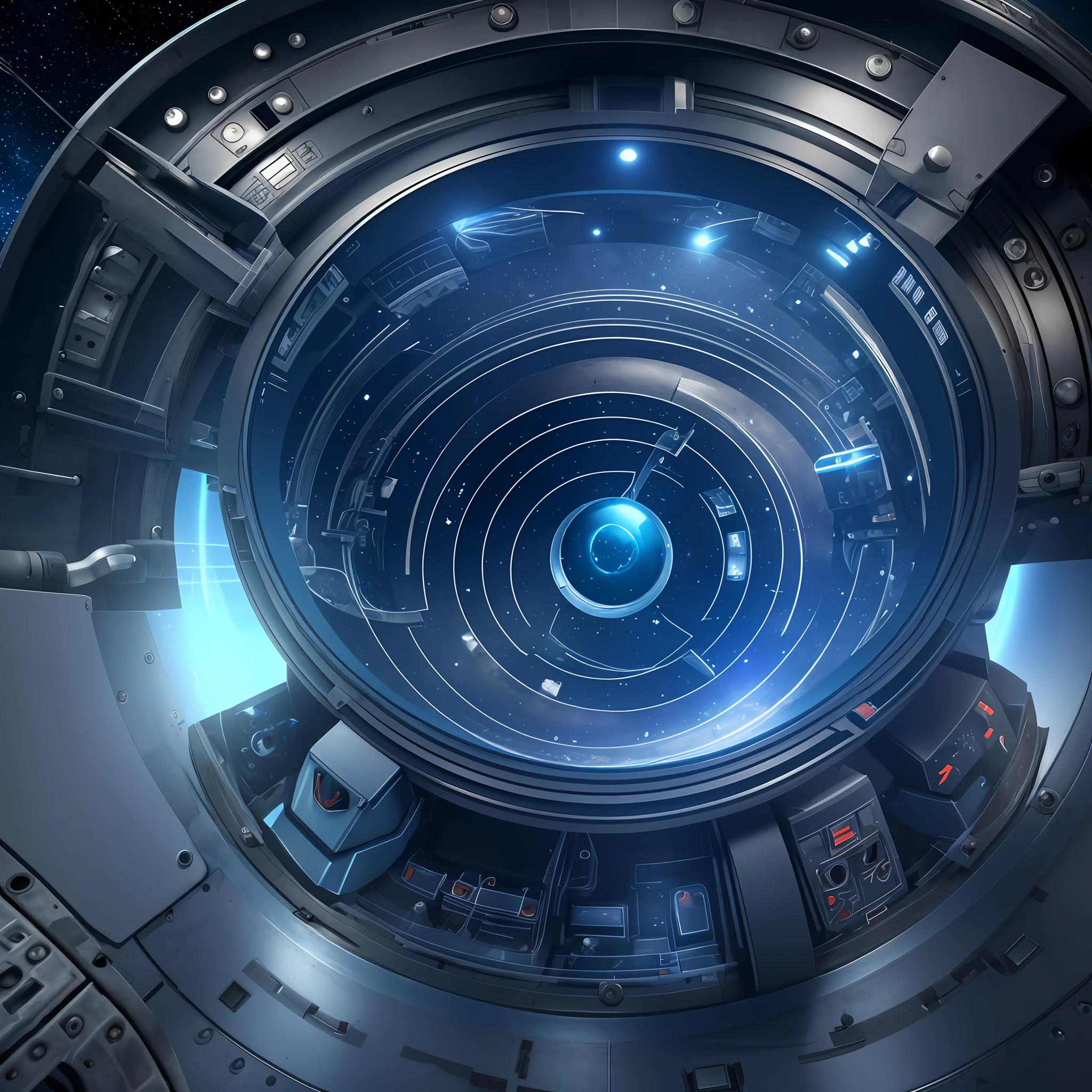 Unreal Engine rendered, real, space experiment capsule, space capsule, small tank with control equipment placed in the center, looking in from the capsule corridor, a small part of the tank is transparent, emits a faint blue light, metallic texture, high quality, ultra-real, there are glowing particles in the tank --auto --s2