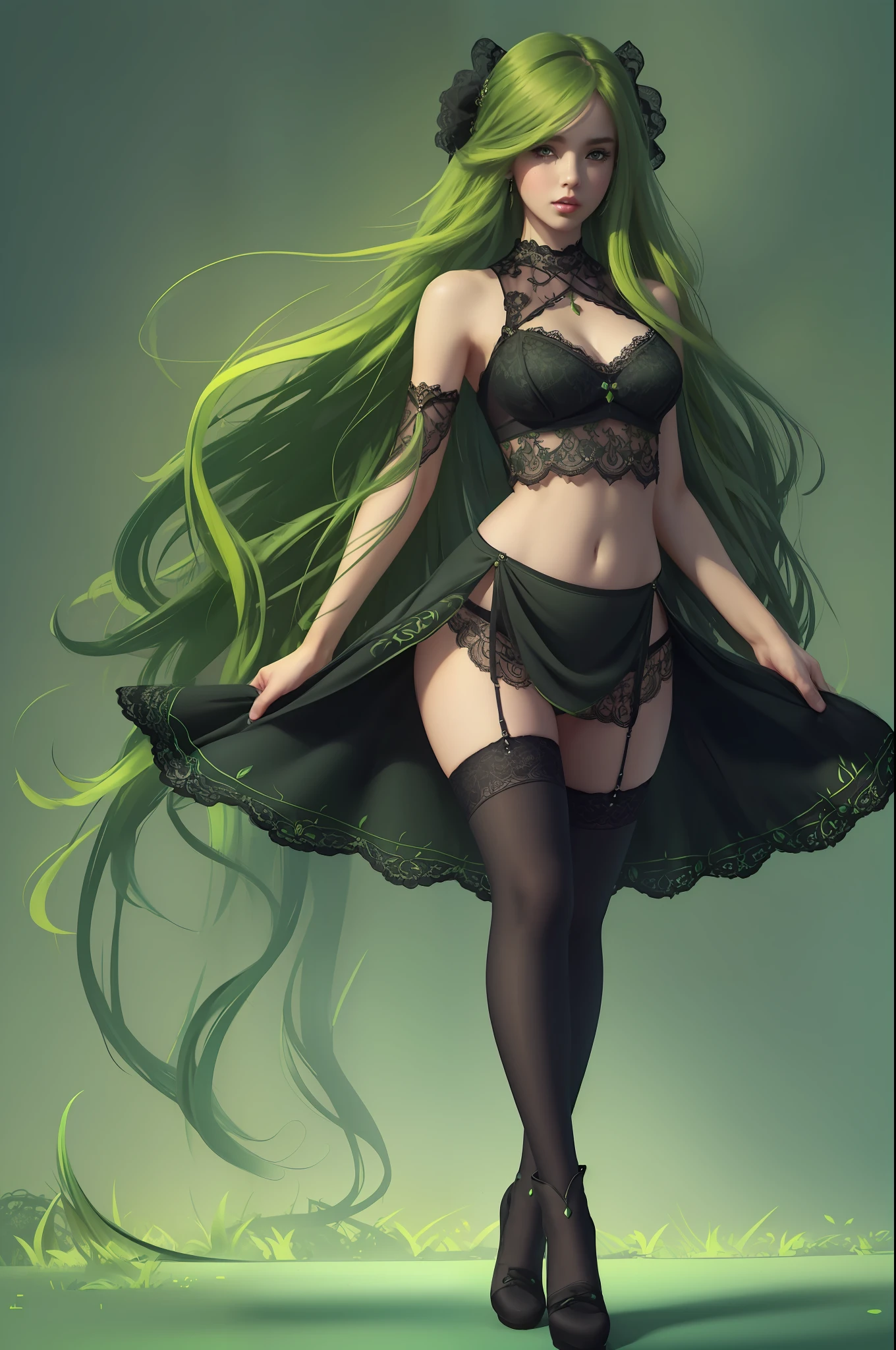 (Best quality, masterpiece, ArtStation, Fantasy Art:1.2), full body shot, a beautiful cute girl, (long wavy green hair:1.1),(black lace crop top dress, black stockings:1.2)