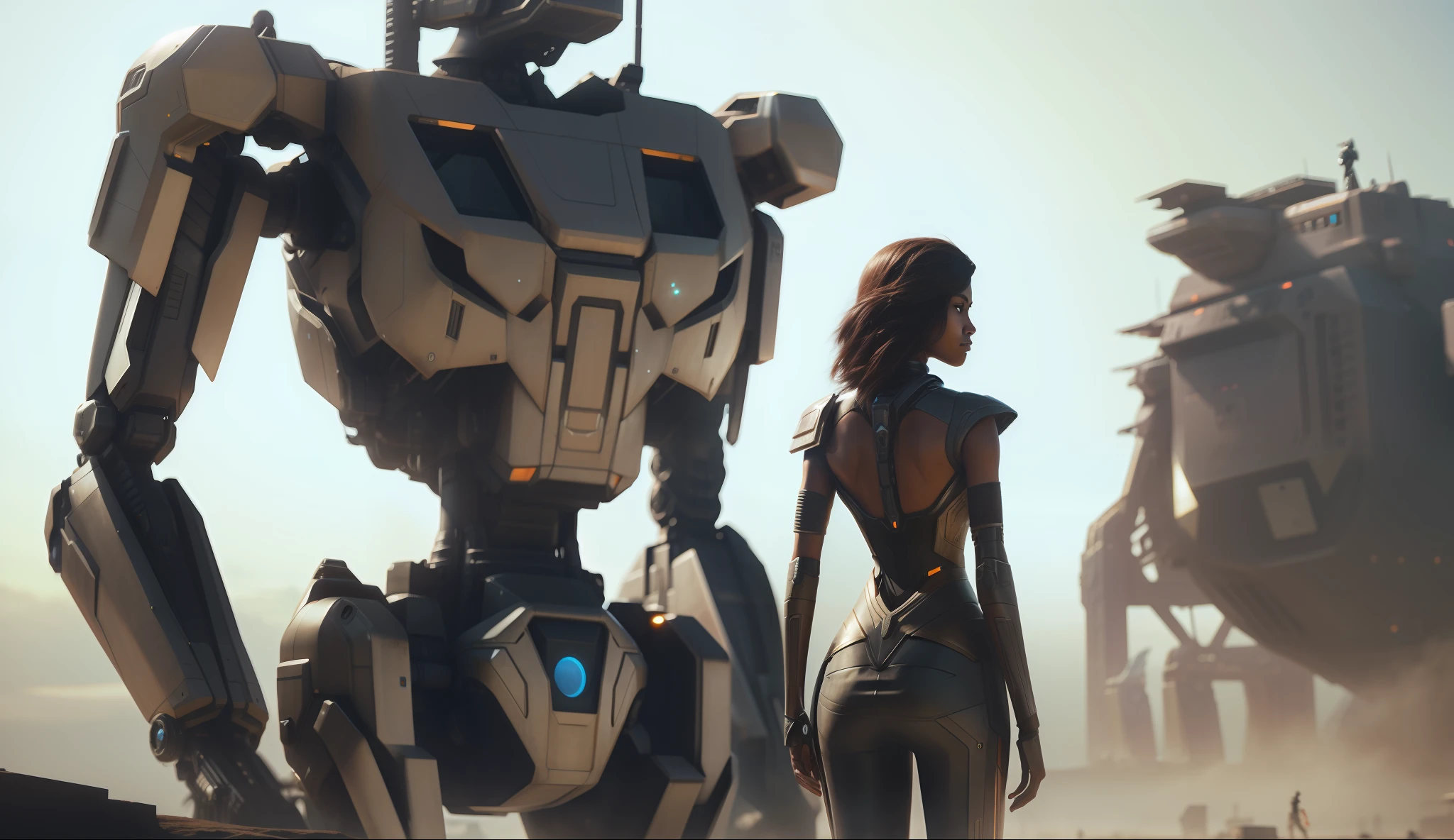 a woman standing in front of a giant robot, concept art by James Paick, cgsociety, afrofuturism, unreal engine 5, reimagined by industrial light and magic, cryengine