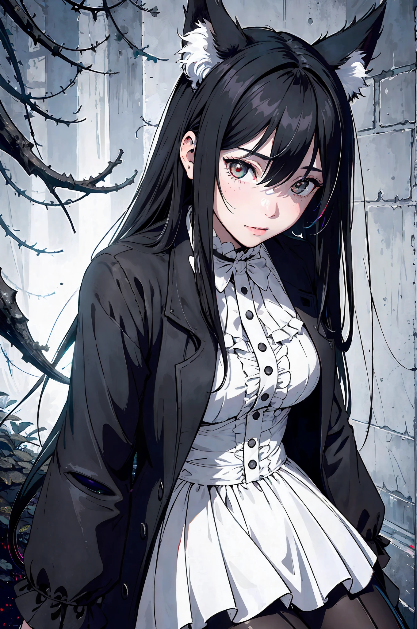 detailed art, ultra-detailed, 150mm analog lens, complex details, hyperrealistic, ultra-detailed, octa-based rendering, 8k post-production, iridescent colors, night, (realistic, photo-realistic:1.4), gloomy atmosphere, moonlight, detective, victorian theme, antiquity, steampunk, men of medan, gloom, cthulhu, fog, ((1girl)), girl, ((black and white hair)), wolf ears, half hair black, half hair white, two-tone hairstyle, thigh-length, white hair, 2 hair tones, 2 hair colors, dark, very dark, nighttime, no bright light, lovecraft, ((horror)), fear, ((Lovecraft)), evil smile, tentacles