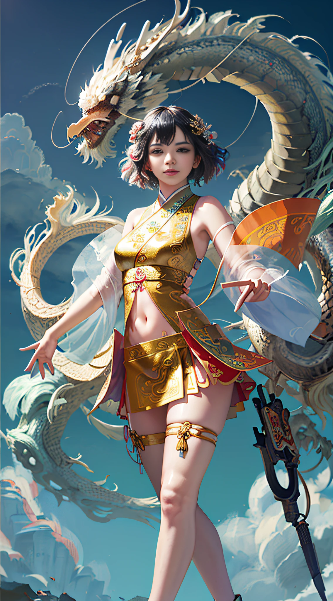 Official Art, Unified 8K Wallpapers, Ultra Detailed, Beautiful and Aesthetic, Masterpiece, Best Quality, (Zentangle, Tangle, Entangle), (fractal art: 1.4), (character center: 1.3), 1girl, black hair, Chinese, off-the-shoulders, short skirt, calf, navel, very detailed, dynamic angle, cowboyshot, (most beautiful form of chaos), ethereal, (bright colors), oc, (half: 1.2), china, (thangka flying sky: 1.5), (ribbon: 1.3), (dream: 1.5), (hanfu: 1.5), Chinese dragon, Chinese phoenix, (smile: 0.5), ( Chinese deities),