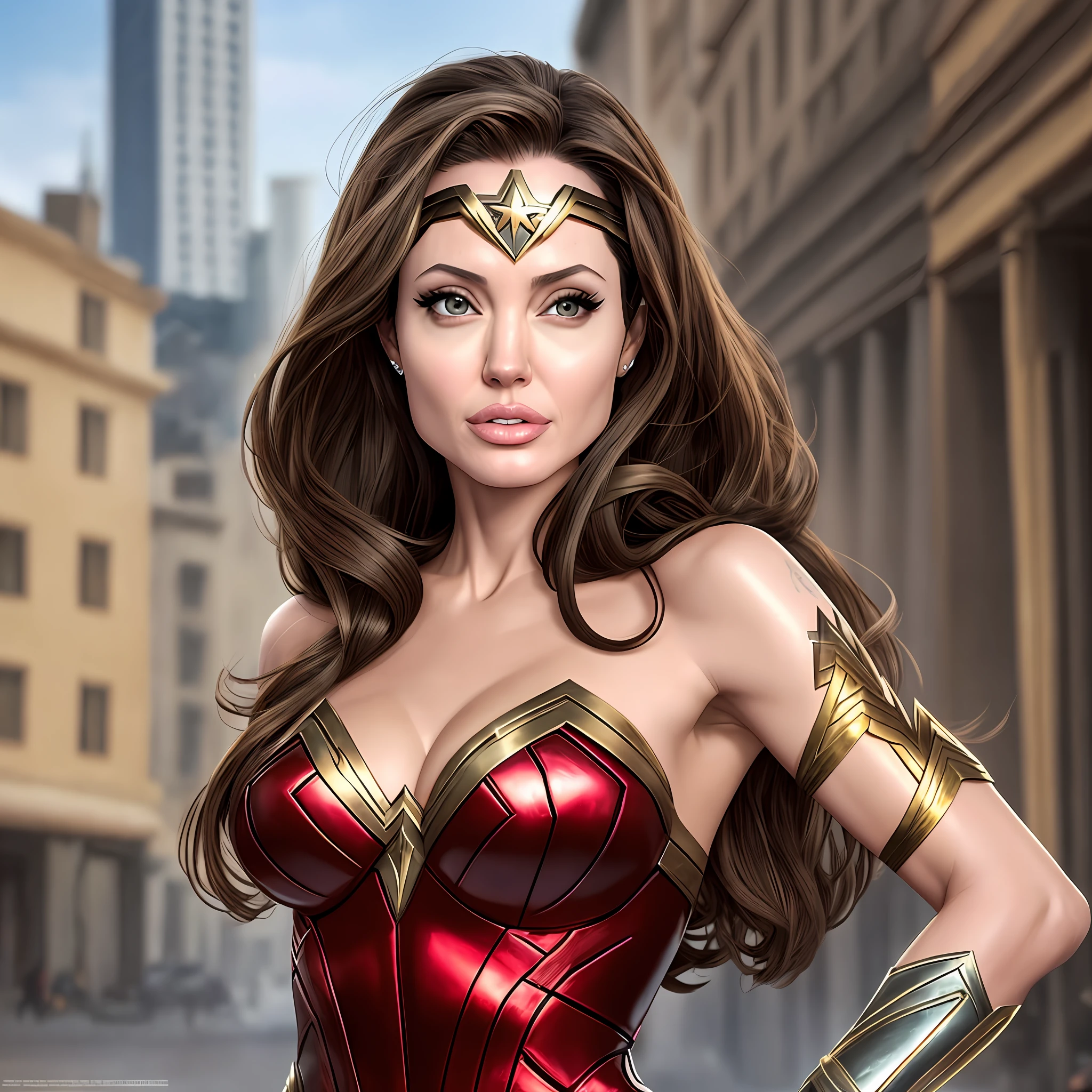 Angelina Jolie as Wonder Woman, Busty, Face Highly Detailed, Correct Anatomy, Angelina Jolie face, Ultra Realistic, No Uncanny Valley --auto --s2