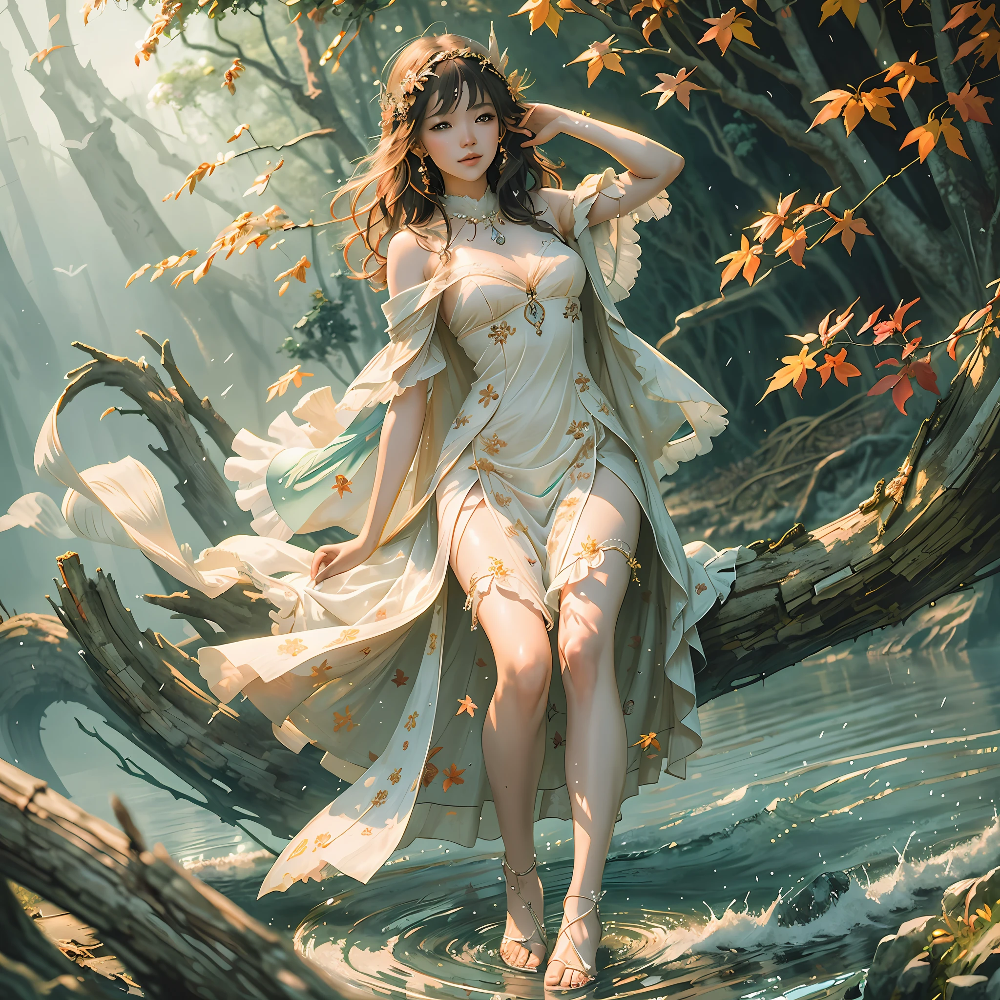 there is a woman that is walking in the water with a dress, fantasy art style, by Yang J, ethereal fantasy, by Victor Wang, beautiful fantasy art, wlop and ross tran, beautiful fantasy maiden, wlop |, goddess of nature, goddess of autumn, goddess of the forest, beautiful maiden, intricate wlop, ethereal beauty, fantasy art behance