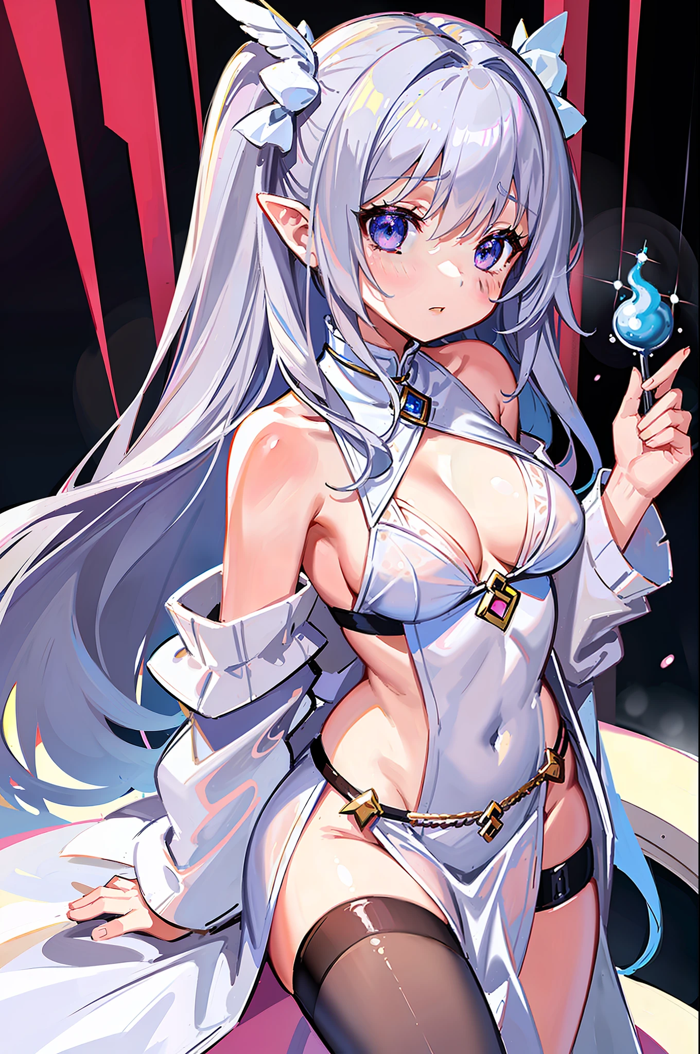 (MASTERPIECE), (Best Quality), (Ultra Detail), Official Art, One Girl, Silver-haired Lori, Petite Girl, Loli, Blue and White See-Through Robe, Sleeveless, Off Shoulder, Small, Small, Small, Underboob, Cleavage, Thigh Focus, White Wings, Card Illustration, Angel Standing at the Fountain