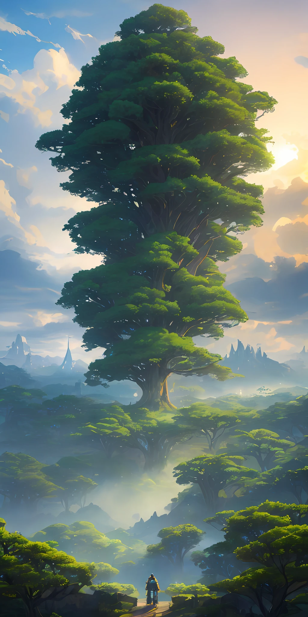 Illustration of a hyperrealistic , otherworldly, ultrasky scene featuring a giant crystal tree full body,very detailed and magical lighting, intricate forest details, vegetation and river around, solarpunk ,landscape, giant tree, beatifull leafy with beautiful lighting and realistic proportions, as if it were a cinematic background, 8k, highest quality, masterpiece, clouds and stars in the sky.Sky, Clouds, holding_weapon, no_humans, Glow, giant mechanical _ trees , city with tall trees _Architecture, “sky, cloud, glowing, big trees ,comunity,joy, ghost elephants, robot, cybernetic _trees, tree_mech, sci-fi, cityscape, realistic, mechanical” Science Fiction, Cities, Rendered in Octane, hyper realistic, 8k, epic composition, cinematic, octane render, artstation landscape vista photography by Carr Clifton & Galen Rowell, 16K resolution, Landscape veduta photo by Dustin Lefevre & tdraw, 8k resolution, detailed landscape painting by Ivan Shishkin, DeviantArt, Flickr, rendered in Enscape, Miyazaki, Nausicaa Ghibli, Breath of The Wild,,trending in artstation, cgsociety, 8k post-processing highly detailed,Junji Murakami, Mucha Klimt, Sharandula, Hiroshi Yoshida, Tom Bagshaw, Ross Tran, Artgerm,Craig Mullins,dramatic,Junji Murakami, moody lighting rendered by octane engine,characters 8K symmetrical arstation, cape,cinematic lighting, intricate details, 8k detail post processing, hyperealistic, octane rend, Zdzisław Beksiński style, ar 2:3 Reality Reality –auto –v6 –s2Finetune