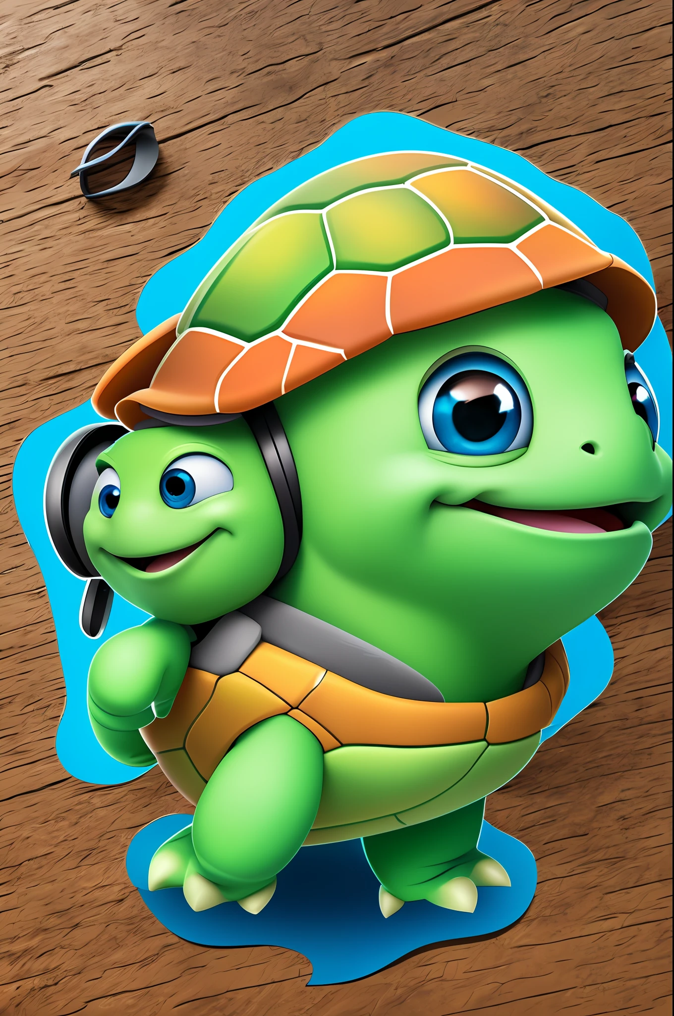 3D cartoon sticker of a turtle walking and dancing, (soft eyes), child smile, cute animal, (((listening to music))), cute smile, chibi, Cristiano Ronaldo style, happy, big eyes, fish eyes , joy affects, happiness, pixar style, blue background, solid color, cosplay as bilbo baggins, model, seaart, Dreamsharp --auto --s2