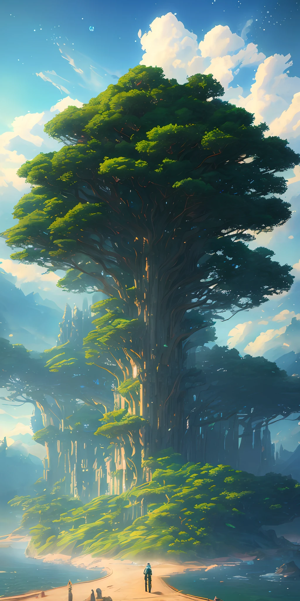 Illustration of a hyperrealistic , otherworldly, ultrasky scene featuring a giant crystal tree full body,very detailed and magical lighting, intricate forest details, vegetation and river around, solarpunk ,landscape, giant tree, beatifull leafy with beautiful lighting and realistic proportions, as if it were a cinematic background, 8k, highest quality, masterpiece, clouds and stars in the sky.Sky, Clouds, holding_weapon, no_humans, Glow, giant mechanical _ trees , city with tall trees _Architecture, “sky, cloud, glowing, big trees ,ghost in the shell, ghost machines, robot, cybernetic _trees, tree_mech, sci-fi, cityscape, realistic, mechanical” Science Fiction, Cities, Rendered in Octane, hyper realistic, 8k, epic composition, cinematic, octane render, artstation landscape vista photography by Carr Clifton & Galen Rowell, 16K resolution, Landscape veduta photo by Dustin Lefevre & tdraw, 8k resolution, detailed landscape painting by Ivan Shishkin, DeviantArt, Flickr, rendered in Enscape, Miyazaki, Nausicaa Ghibli, Breath of The Wild,,trending in artstation, cgsociety, 8k post-processing highly detailed,Junji Murakami, Mucha Klimt, Sharandula, Hiroshi Yoshida, Tom Bagshaw, Ross Tran, Artgerm,Craig Mullins,dramatic,Junji Murakami, moody lighting rendered by octane engine,characters 8K symmetrical arstation, cape,cinematic lighting, intricate details, 8k detail post processing, hyperealistic, octane rend, Zdzisław Beksiński style, ar 2:3 Reality Reality –auto –v6 –s2