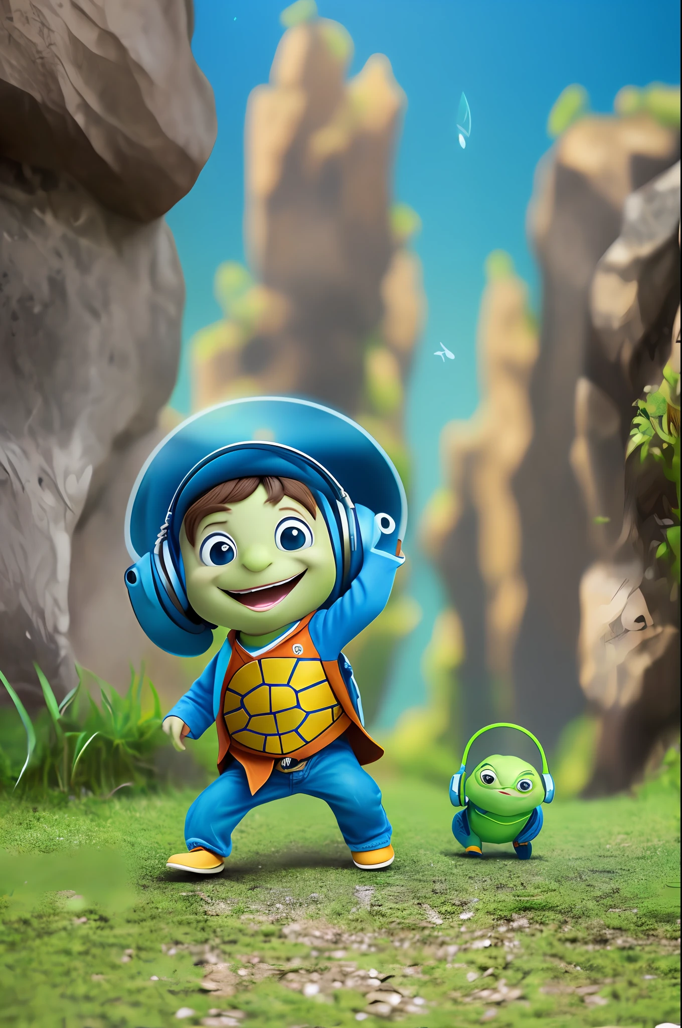 3D cartoon sticker of a turtle walking and dancing, (soft eyes), child smile, cute animal, (((listening to music))), cute smile, chibi, Cristiano Ronaldo style, happy, big eyes, fish eyes , joy affects, happiness, pixar style, blue background, solid color, cosplay as bilbo baggins, model, seaart, Dreamsharp --auto --s2