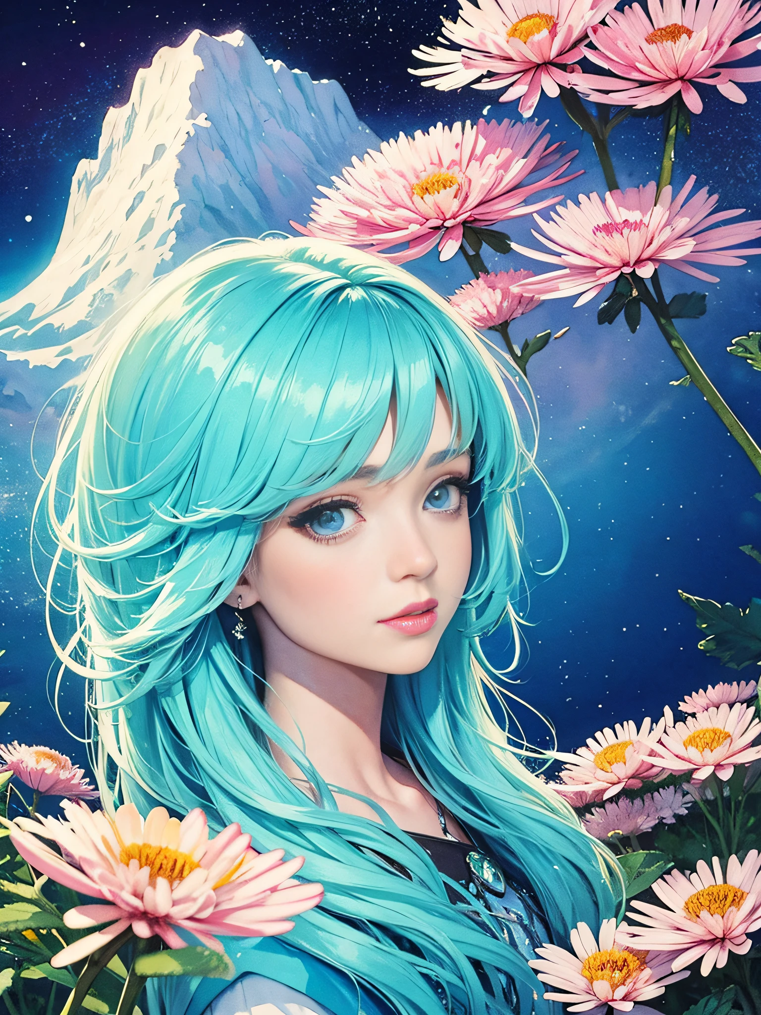 (watercolor) Masterpiece Portrait, Hdr, volumetric lighting, (themum:1.3), valley mountain forest, ocean ice rivers aurora, (portrait) anime (woman:1.3) 1girl