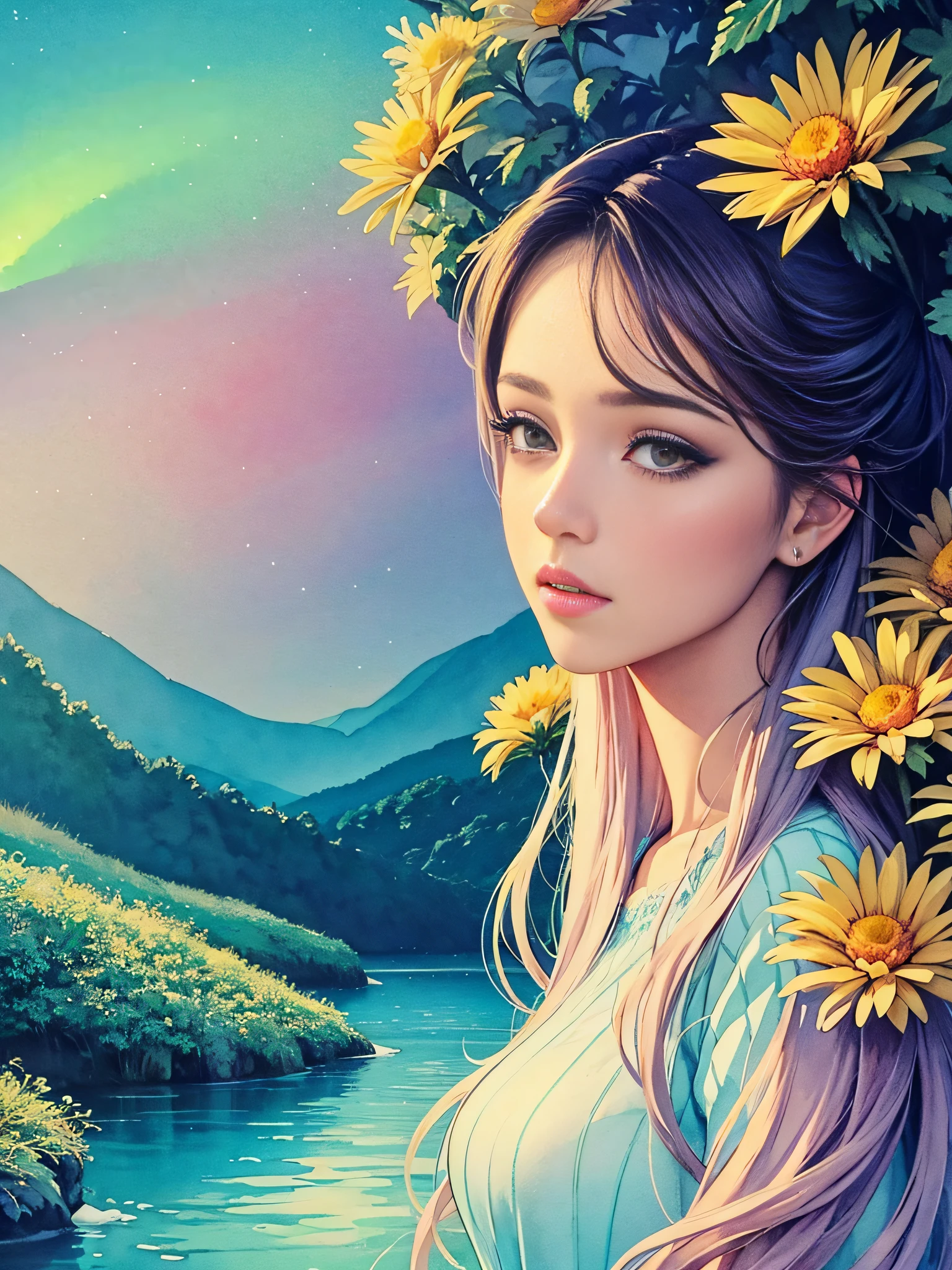 (watercolor) Masterpiece Portrait, Hdr, volumetric lighting, (themum:1.3), valley mountain forest, ocean ice rivers aurora, (portrait) anime (woman:1.3) 1girl