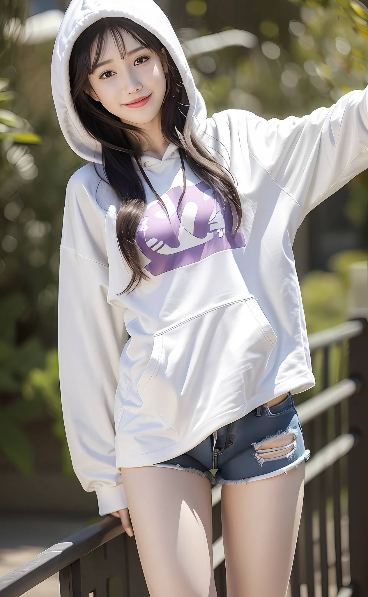 Realism, 8k, 1girl, long wavy curls, pale skin (Chinese beauty), (smiling) young beauty, thick eyebrows, ((D cups)), hoodie ((good figure)), (tight) denim shorts (light denim shorts), small waist, wide thighs, standing one thigh up, wide thigh gap, legs apart