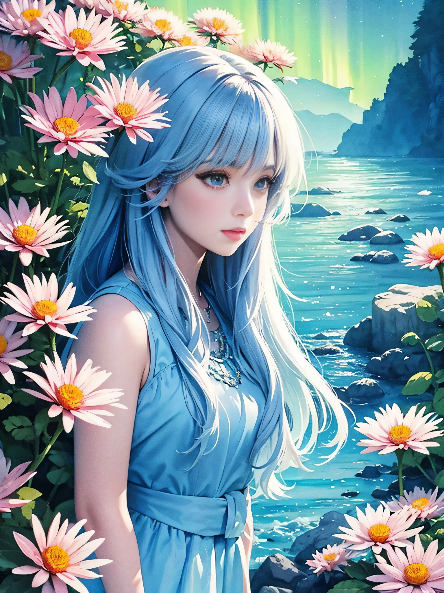 (watercolor) Masterpiece Portrait, Hdr, volumetric lighting, (themum:1.3), valley mountain forest, ocean ice rivers aurora, (portrait) anime (woman:1.3) 1girl