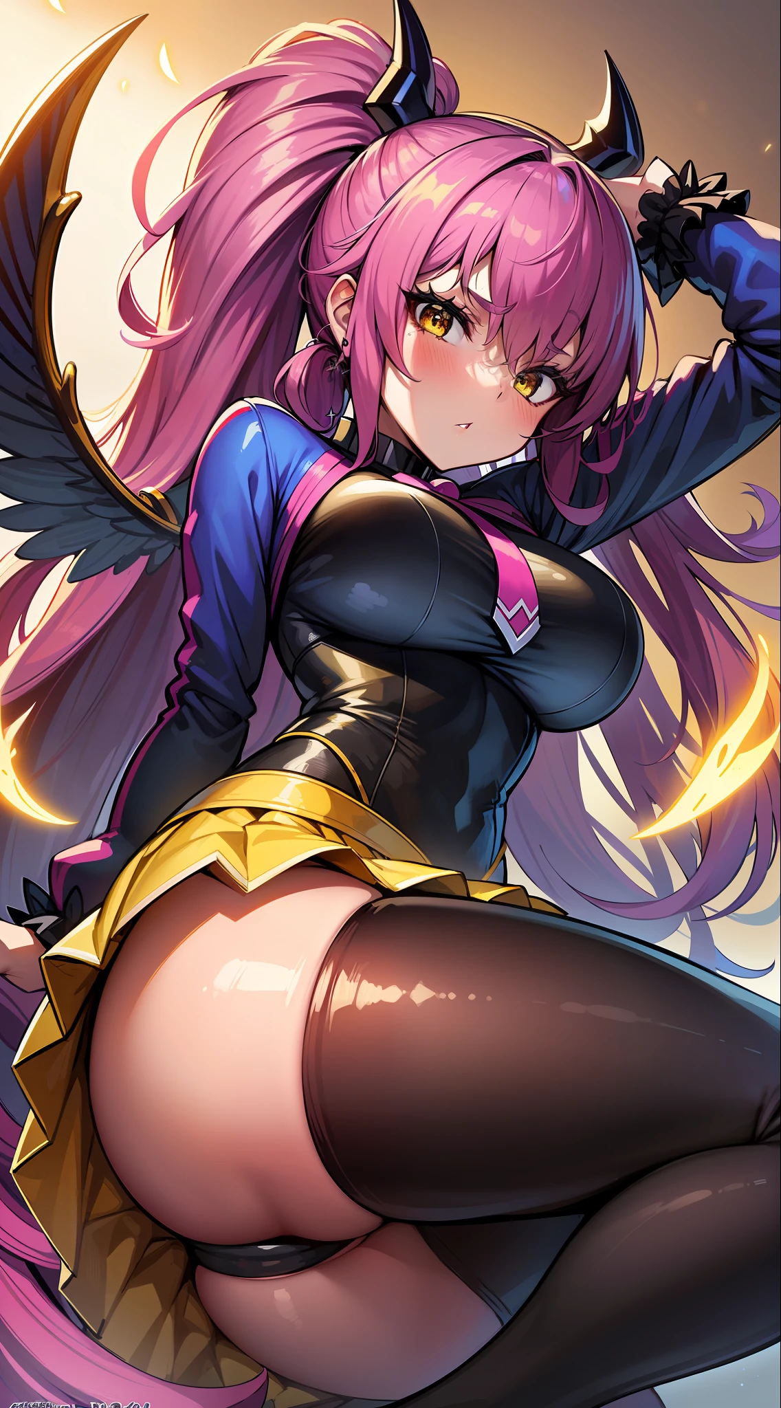 (HD, Sharp, Fractal), Single Woman, Super Glossy Skin, Magical Girl, 25 years old, Leotard, Mini Skirt,Big, Yellow and Black Costume