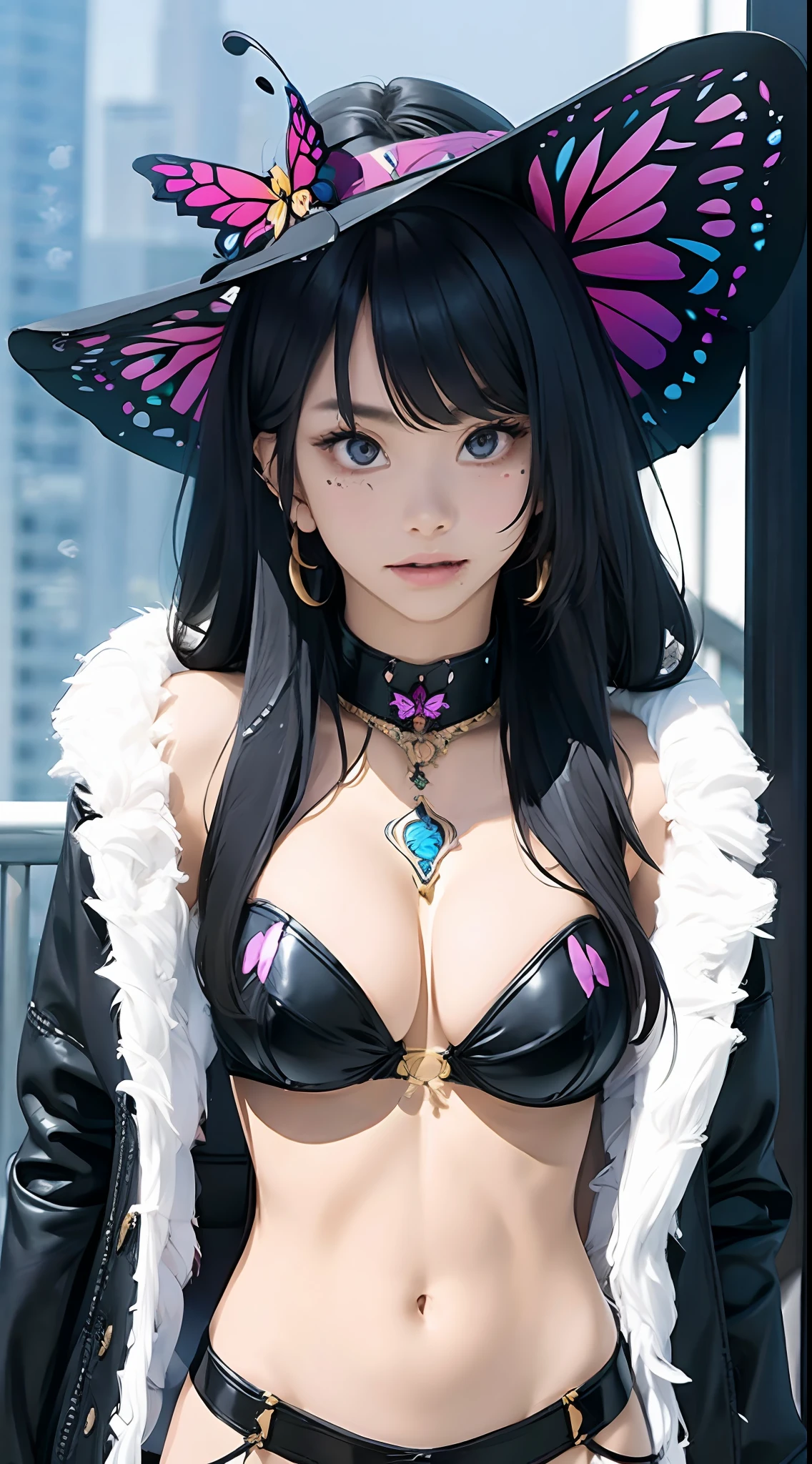 Butterfly, girl, bikini, upper body, witch hat, (detailed face shape: 1.2), (middle chest), (cleavage), (thigh belt), long hair, asymmetrical bangs, tarot frame, portrait centered, ( No weapons), (bouncing breasts)