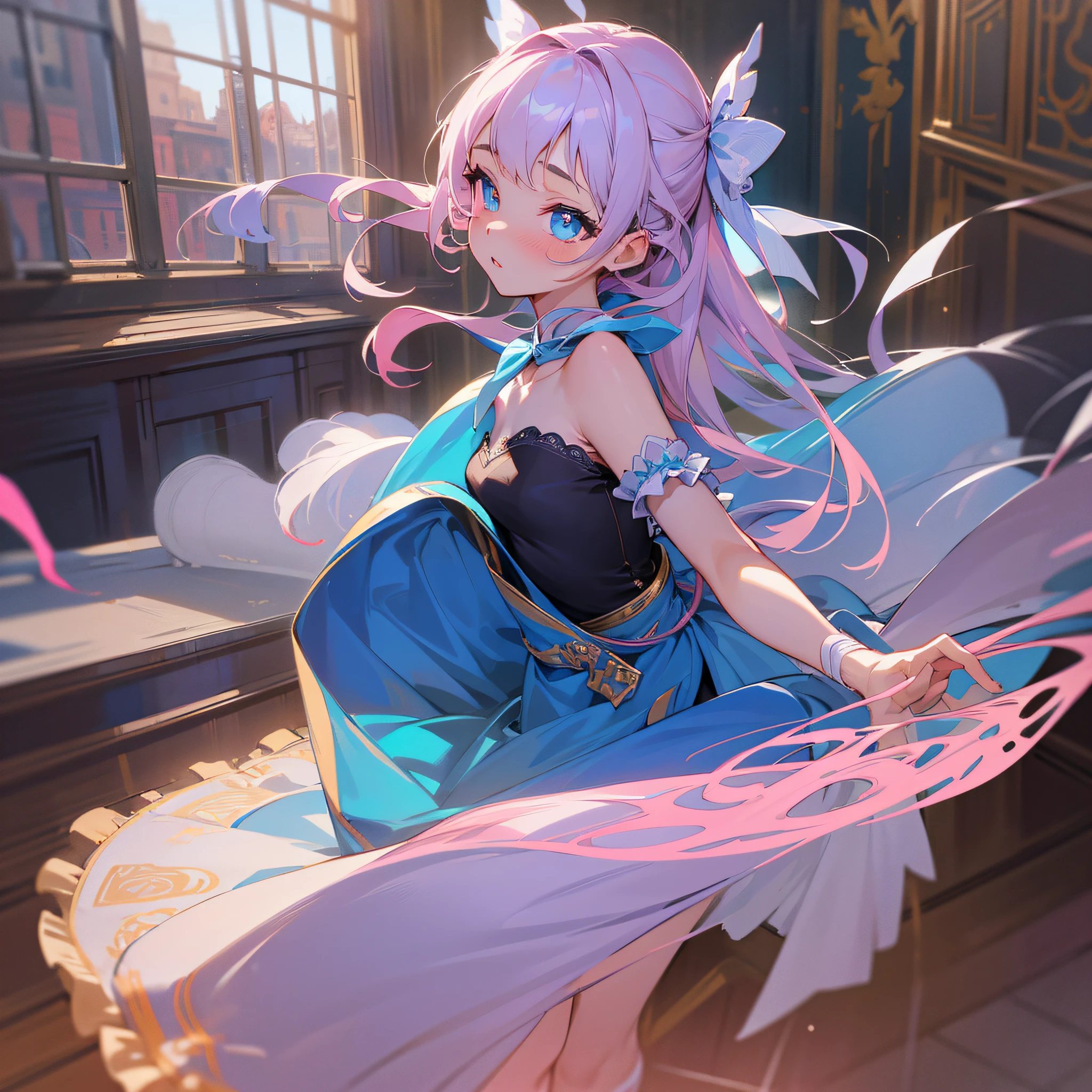 Masterpiece, highest image quality, extreme fine CG, dynamic angle, super high resolution, extremely beautiful girl, top illustration, 1girl, masterpiece level, highest quality, super detailed CG dance girl, blue pupils, wearing pink slip dress, tulle white socks, flesh-colored dancing shoes, blue ribbon and bow, sexy back line, garland matching, stage set, finely carved, slim body, two-dimensional beautiful girl, elegant and charming, delicate, super detailed, cute, dancing --auto --s2