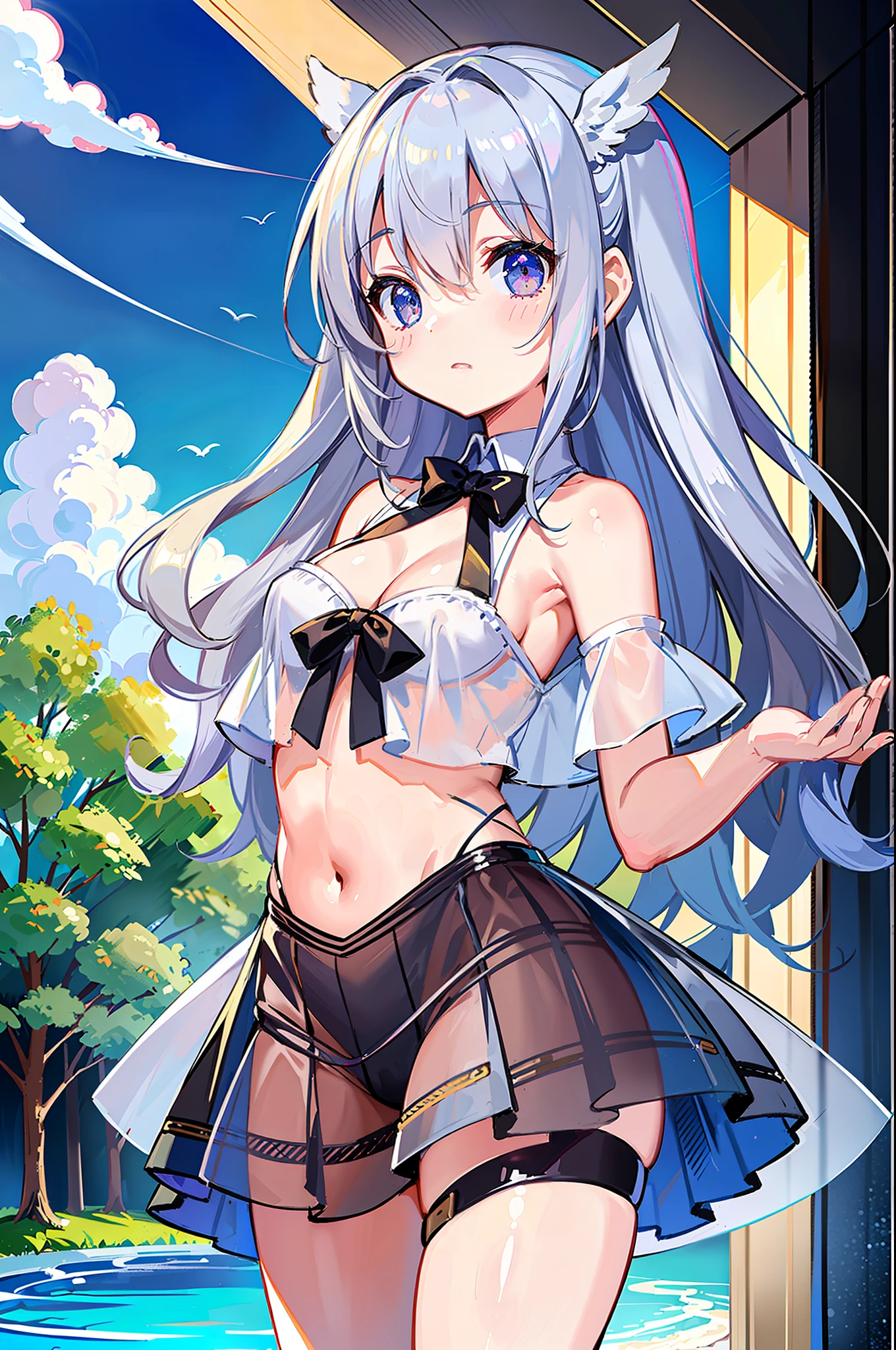 (MASTERPIECE), (Best Quality), (Ultra Detail), Official Art, One Girl, Silver-haired Lori, Petite  Girl, Loli, Blue and White See-Through Dress, Sleeveless, Off Shoulder, Small, Very Small, Very Small, Underboob, Cleavage, Thigh Focus, Navel Out, White Wings, Card Illustration, Angel Standing at the Fountain