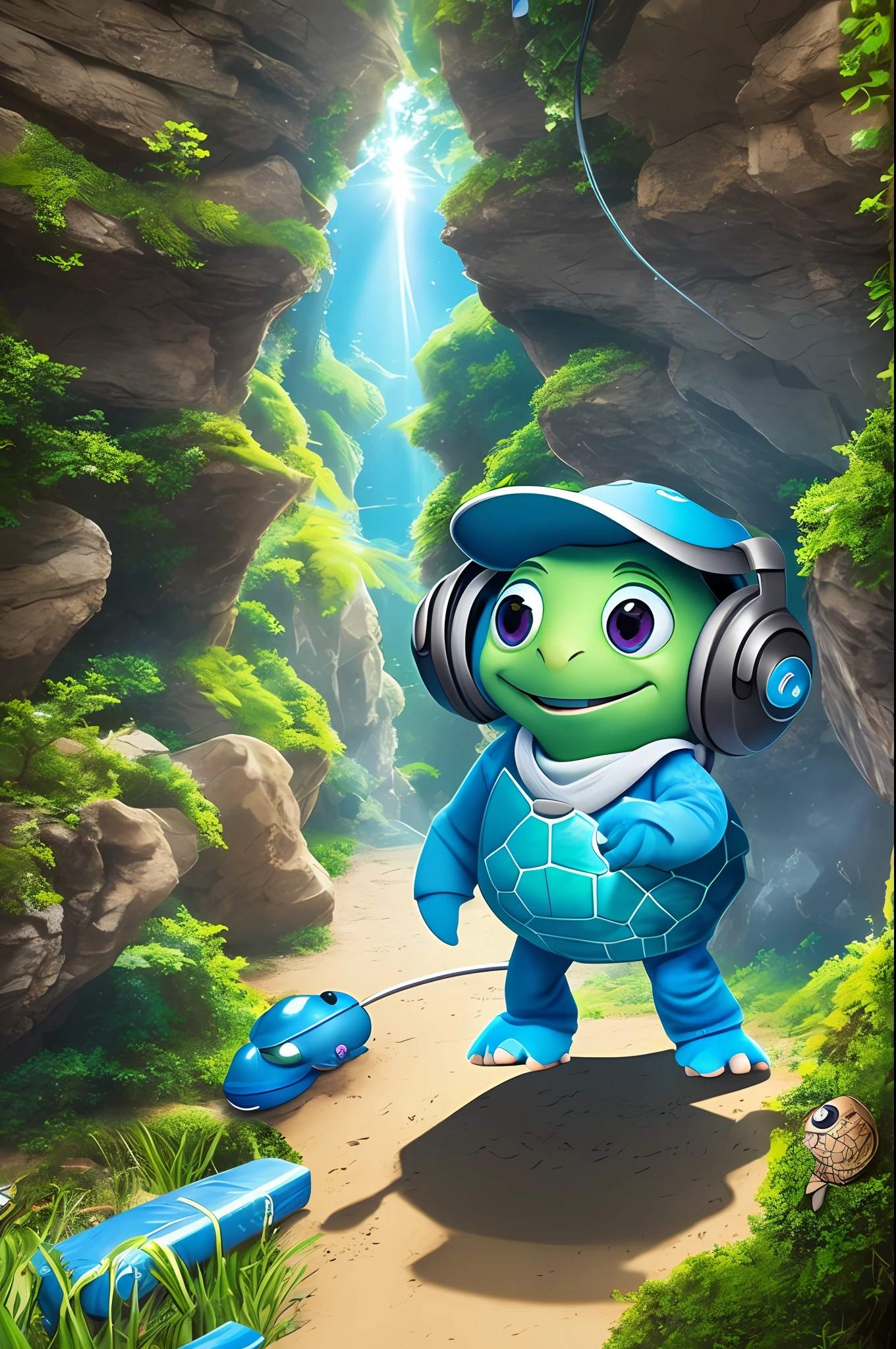 3D cartoon sticker of a turtle walking and dancing, (soft eyes), child smile, cute animal, (((listening to music))), cute smile, chibi, Cristiano Ronaldo style, happy, big eyes, fish eyes , joy affects, happiness, pixar style, blue background, solid color, cosplay as bilbo baggins, model, seaart, Dreamsharp --auto --s2