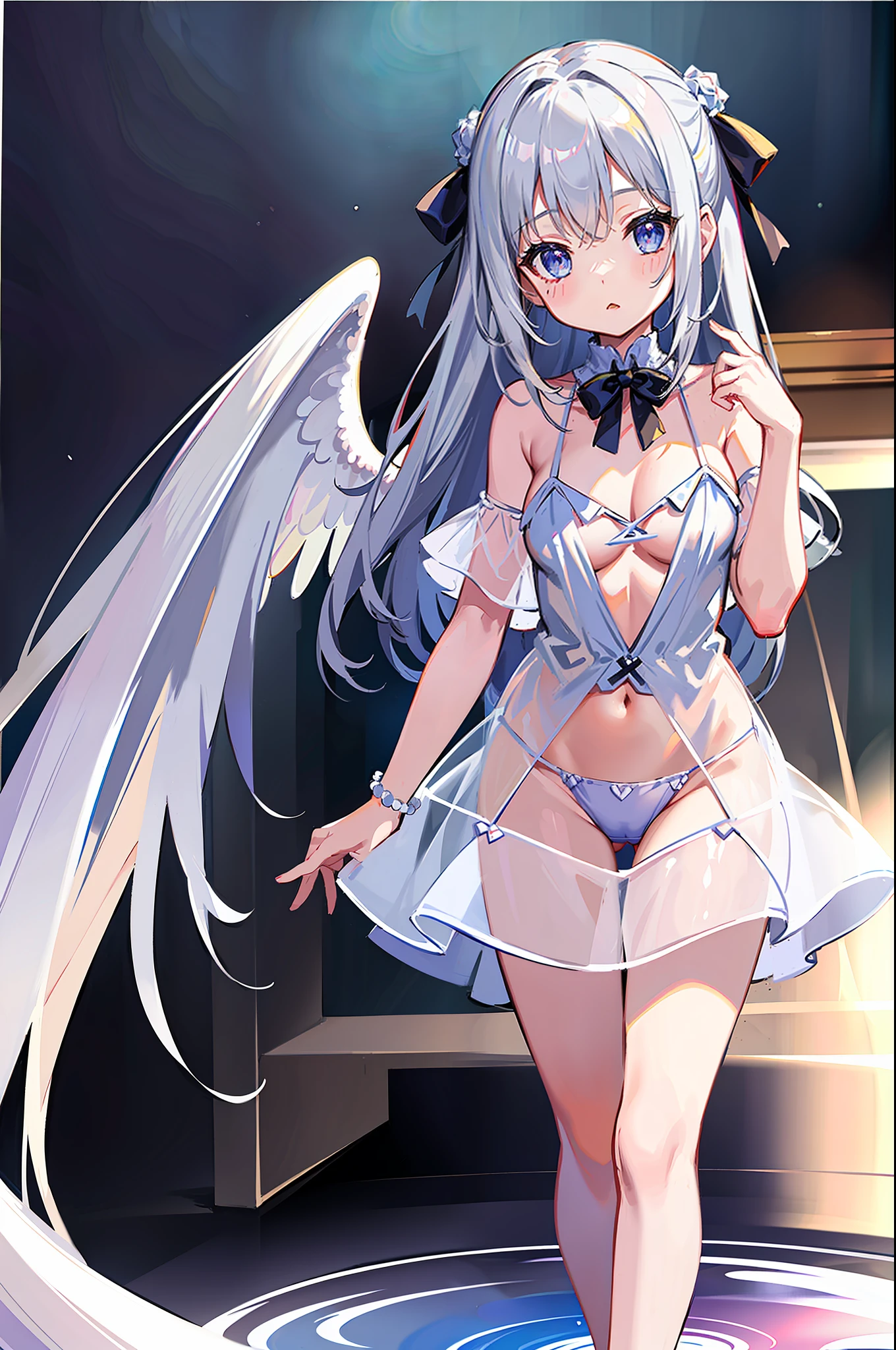 (MASTERPIECE), (Best Quality), (Ultra Detail), Official Art, One Girl, Silver-haired Lori, Petite Little Girl, Loli, Blue and White See-Through Dress, Sleeveless, Off Shoulder, Small, Very Small, Very Small, Underboob, Cleavage, Thigh Focus, Navel Out, White Wings, Card Illustration, Angel Standing at the Fountain