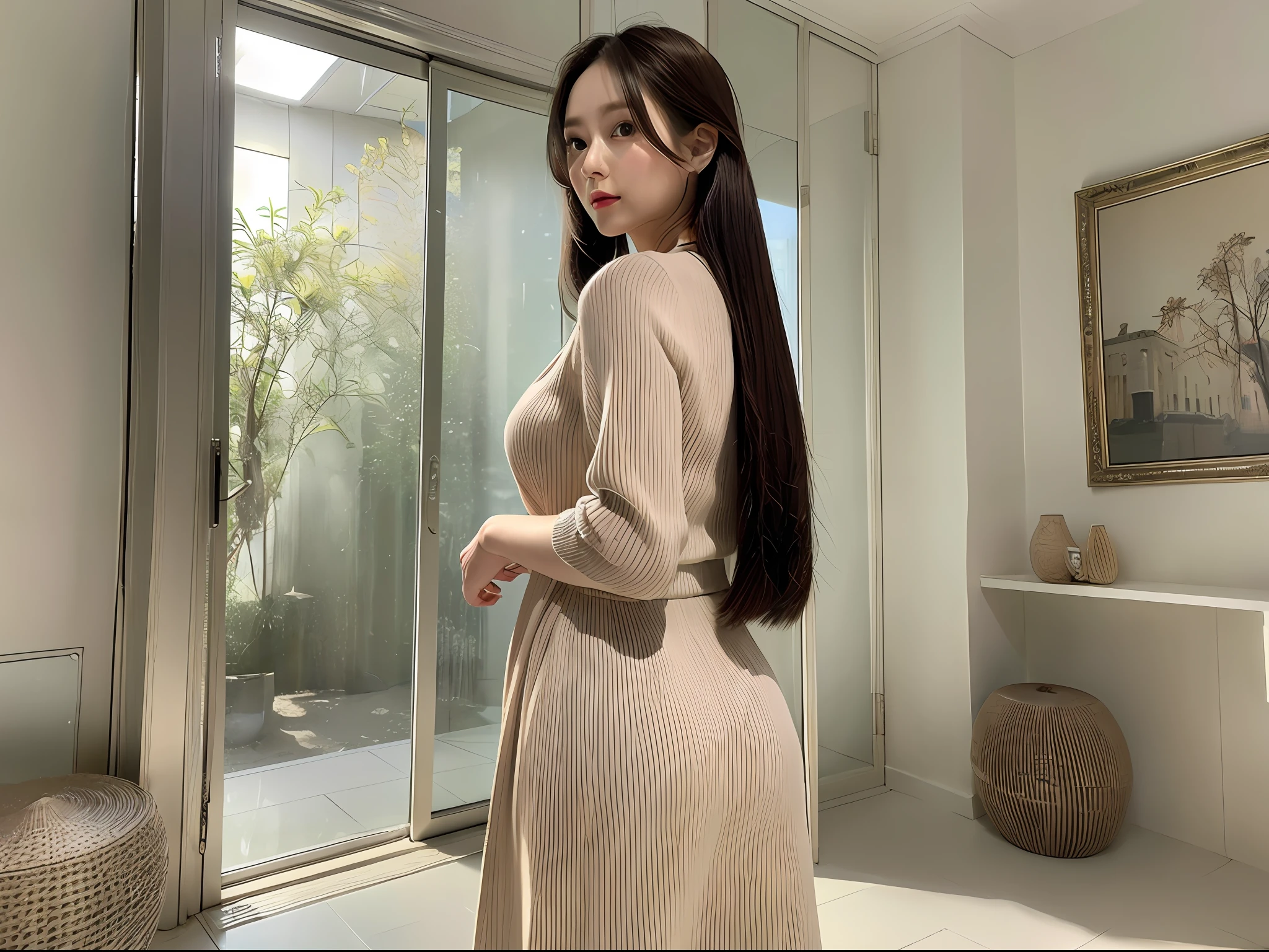 (8k, highest quality, masterpiece: 1.2), (hair_style), (realistic, photorealistic: 1.37), plump eyes, highest quality, masterpiece, standing in front of a white wall, [small breasts], professional lighting, shooting the whole body of the subject from a distance, angle from behind, shot in natural light from morning to noon, fashion style of Japan trend in 2023, real, Super detail, 30s, actress, elaborate CG, slender, hairstyle is straight straight hair, delicate skin type, emphasizes hair luster,