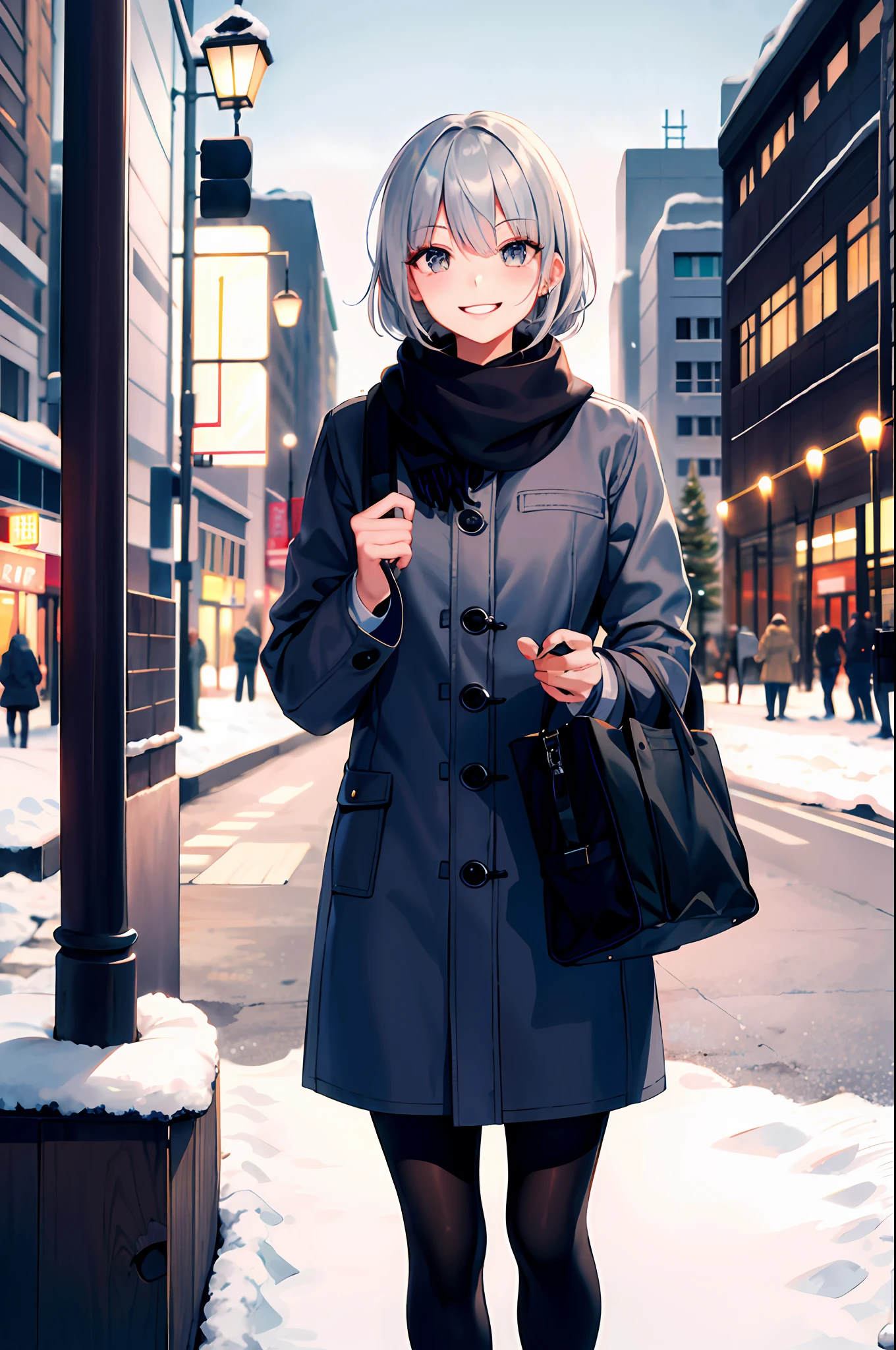 (morning), single girl, one, looking viewer, winter, cowboy shot, (downtown), cowboy shot, smile, grey hair, snow, night, sailor suit, black clothes, bag, makeup, sexy, do-ss, cool