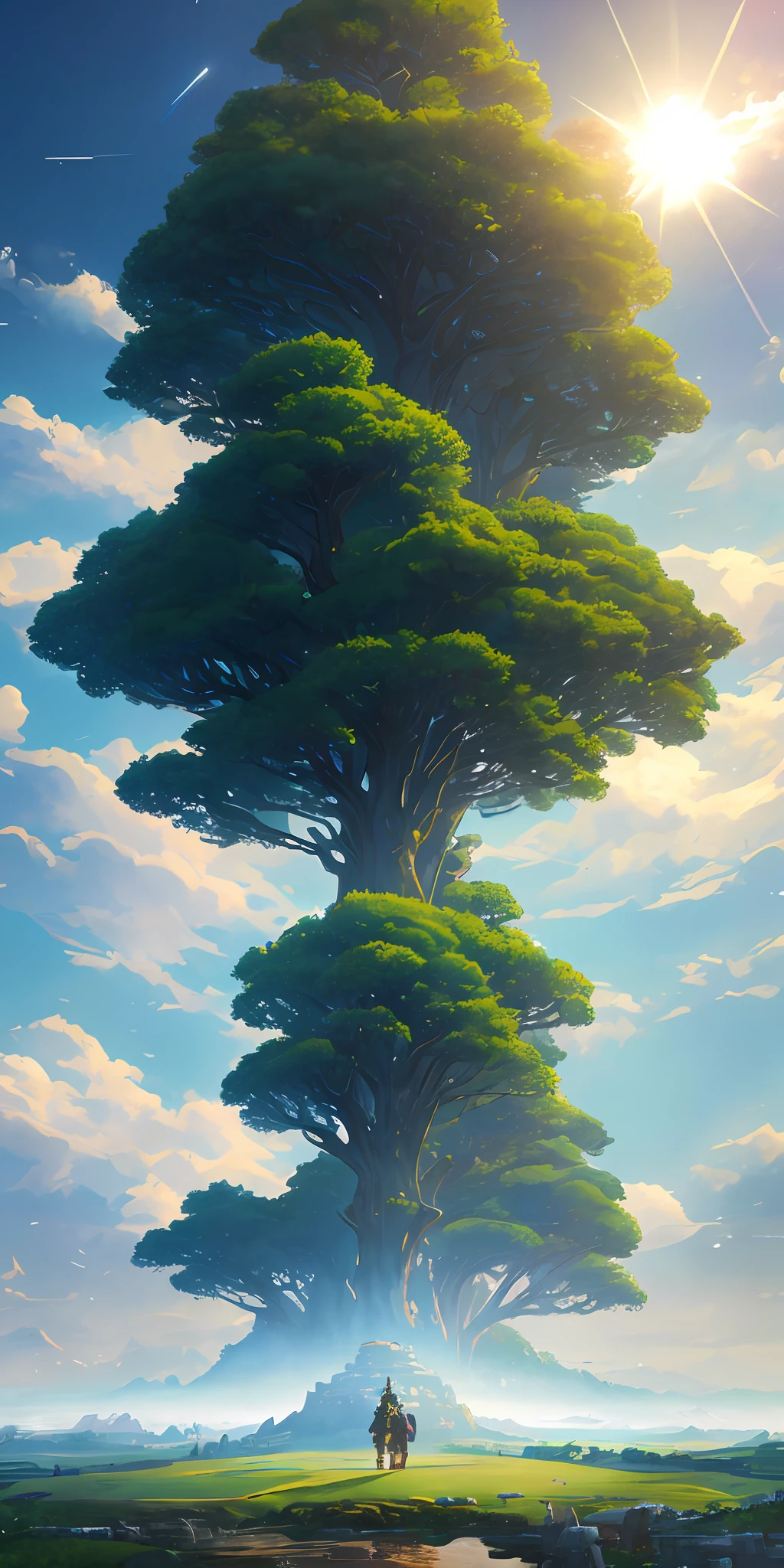 Illustration of a hyperrealistic , otherworldly, ultrasky scene featuring a giant crystal tree full body,very detailed and magical lighting, intricate forest details, vegetation and river around, solarpunk ,landscape, giant tree, beatifull leafy with beautiful lighting and realistic proportions, as if it were a cinematic background, 8k, highest quality, masterpiece, clouds and stars in the sky.Sky, Clouds, holding_weapon, no_humans, Glow, giant mechanical _ trees , city with tall trees _Architecture, “sky, cloud, glowing, big trees ,ghost in the shell, ghost machines, robot, cybernetic _trees, tree_mech, sci-fi, cityscape, realistic, mechanical” Science Fiction, Cities, Rendered in Octane, hyper realistic, 8k, epic composition, cinematic, octane render, artstation landscape vista photography by Carr Clifton & Galen Rowell, 16K resolution, Landscape veduta photo by Dustin Lefevre & tdraw, 8k resolution, detailed landscape painting by Ivan Shishkin, DeviantArt, Flickr, rendered in Enscape, Miyazaki, Nausicaa Ghibli, Breath of The Wild,,trending in artstation, cgsociety, 8k post-processing highly detailed,Junji Murakami, Mucha Klimt, Sharandula, Hiroshi Yoshida, Tom Bagshaw, Ross Tran, Artgerm,Craig Mullins,dramatic,Junji Murakami, moody lighting rendered by octane engine,characters 8K symmetrical arstation, cape,cinematic lighting, intricate details, 8k detail post processing, hyperealistic, octane rend, Zdzisław Beksiński style, ar 2:3 Reality Reality –auto –v6 –s2