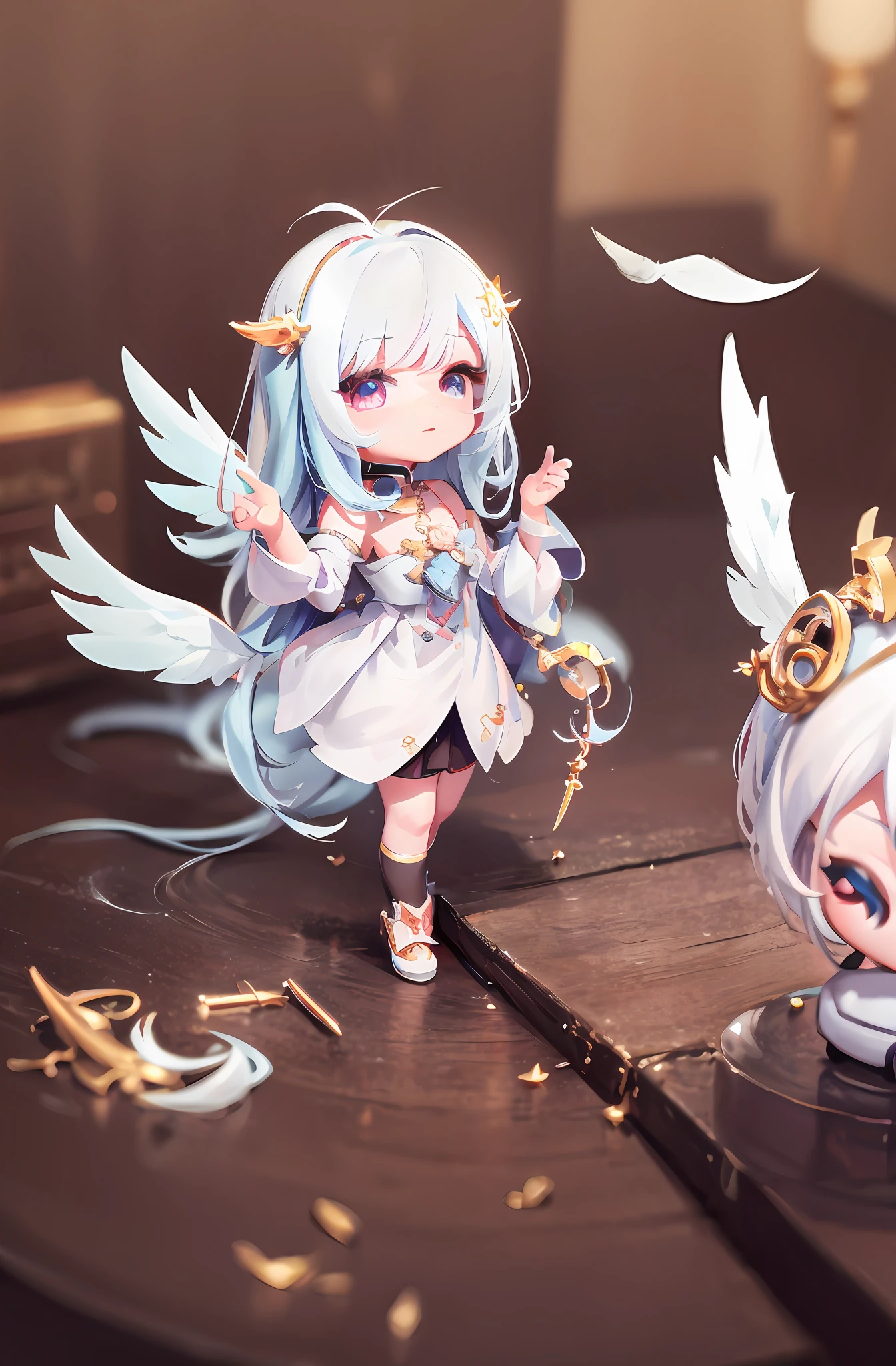 1 Anime Angel Doll, (Chibi: 1.3), 8K high quality detail art, white feathers on back, white long hair, gradient, style as Nendoroid, stylized anime, anime style 4K, cute detailed digital art, Guweiz style artwork, 8K octar rendering photos, advanced digital chibi art, cute 3D rendering, anime style.