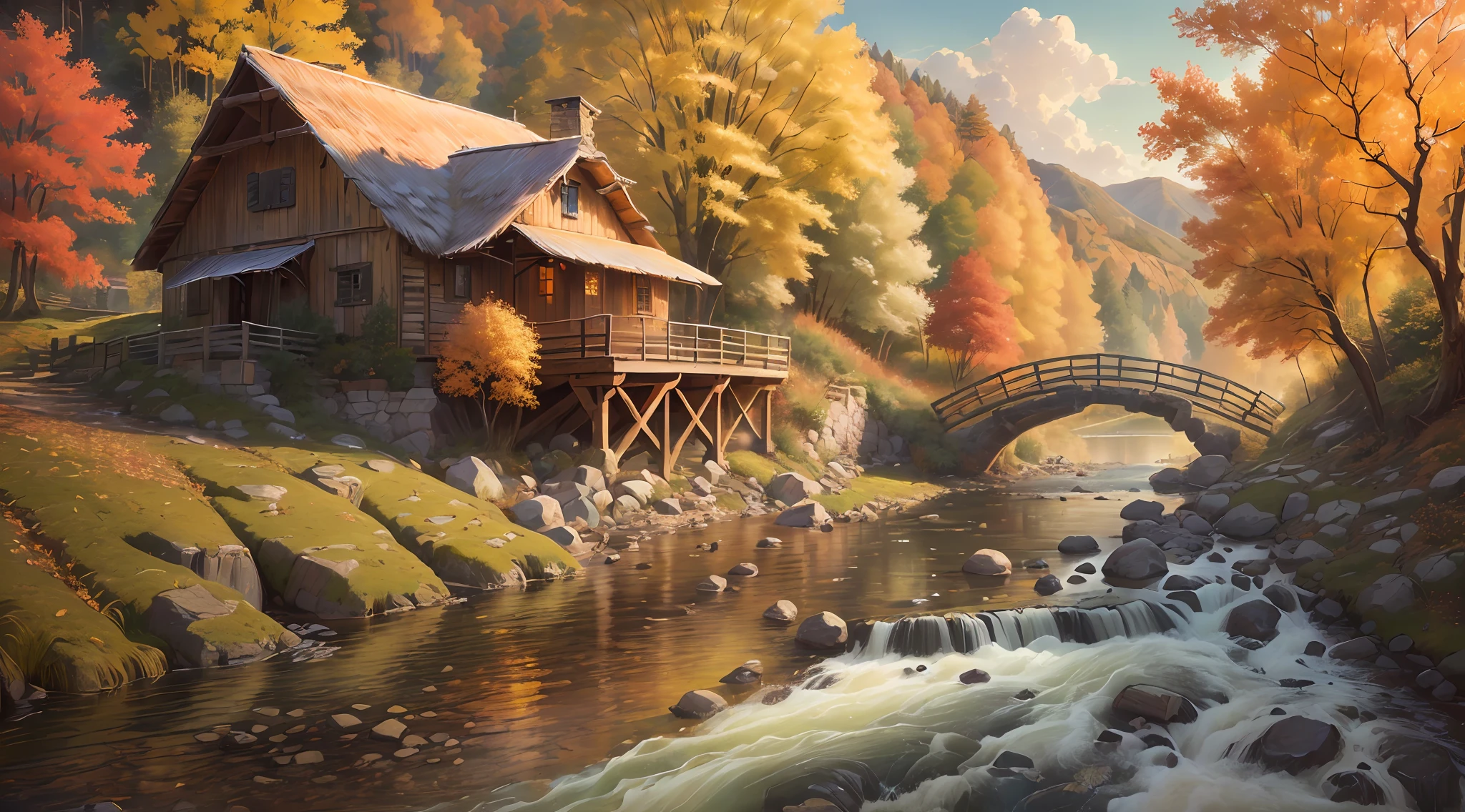 (extremely detailed and high quality), scenic natural landscape, village, rustic charm, turbulent river, Daga fall, (an artist waiting), (detailed landscape), (plein-air), high definition, very colorful environment, calm and serene, beautiful soft light filtering through the trees, autumn.