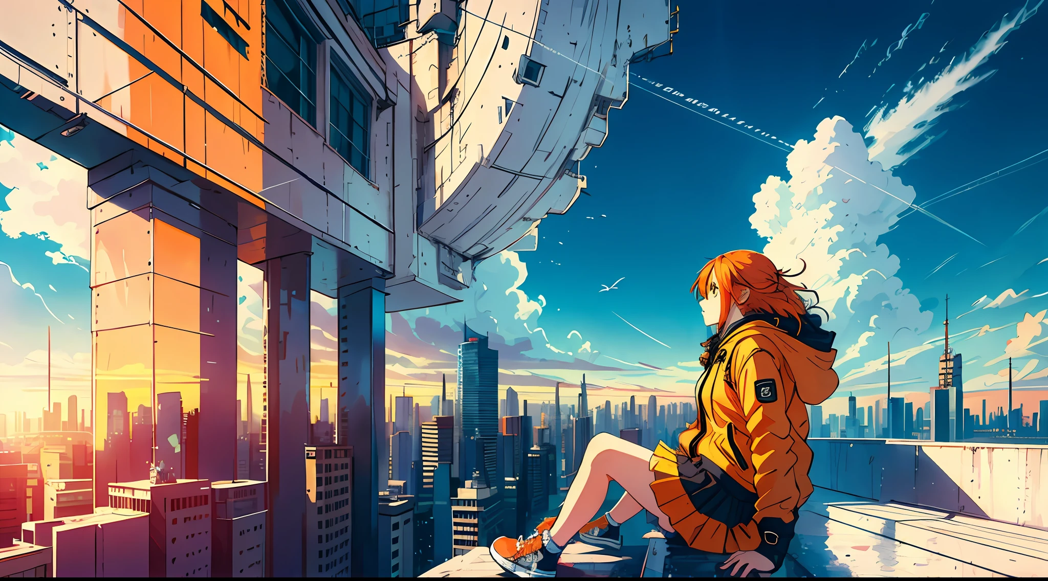 1girl, long orange hair, modern parka, skirt, converse shoes, modern city, on edge of a skyscaper's roof, midday, sun, blue sky, clouds, ((shot from back)), low angle, volumetric light, 8k, best quality, sharp, detailed