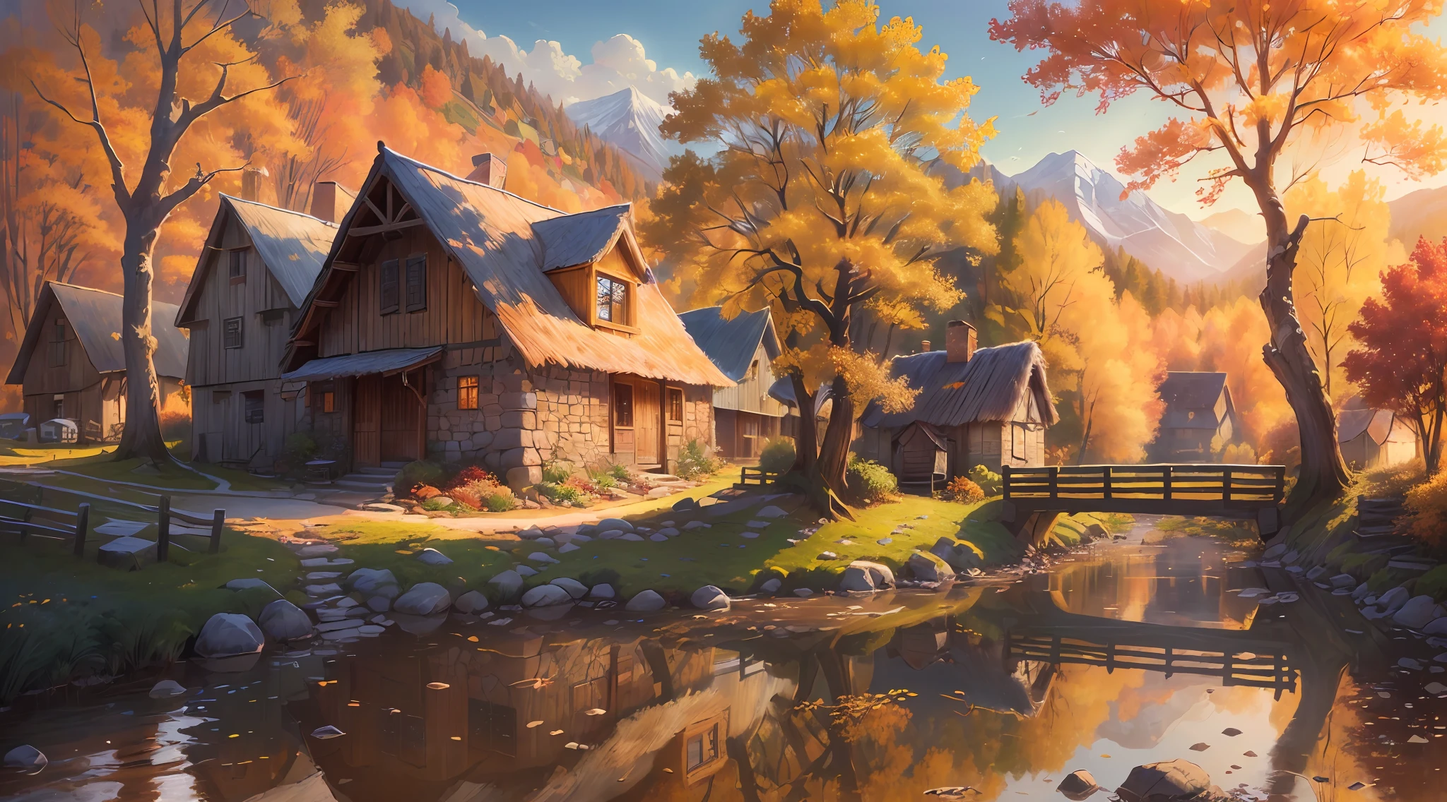 (extremely detailed and high quality), scenic natural landscape, village, rustic charm,, (an artist waiting), (detailed landscape), (plein-air), high definition, very colorful environment, calm and serene, beautiful soft light filtering through the trees, autumn.