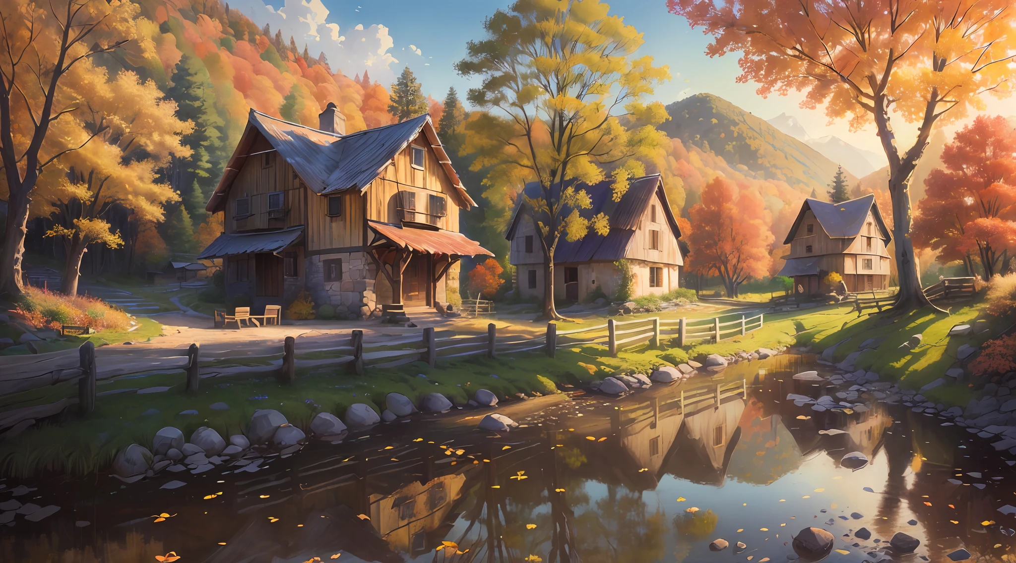 (extremely detailed and high quality), scenic natural landscape, village, rustic charm,, (an artist waiting), (detailed landscape), (plein-air), high definition, very colorful environment, calm and serene, beautiful soft light filtering through the trees, autumn.