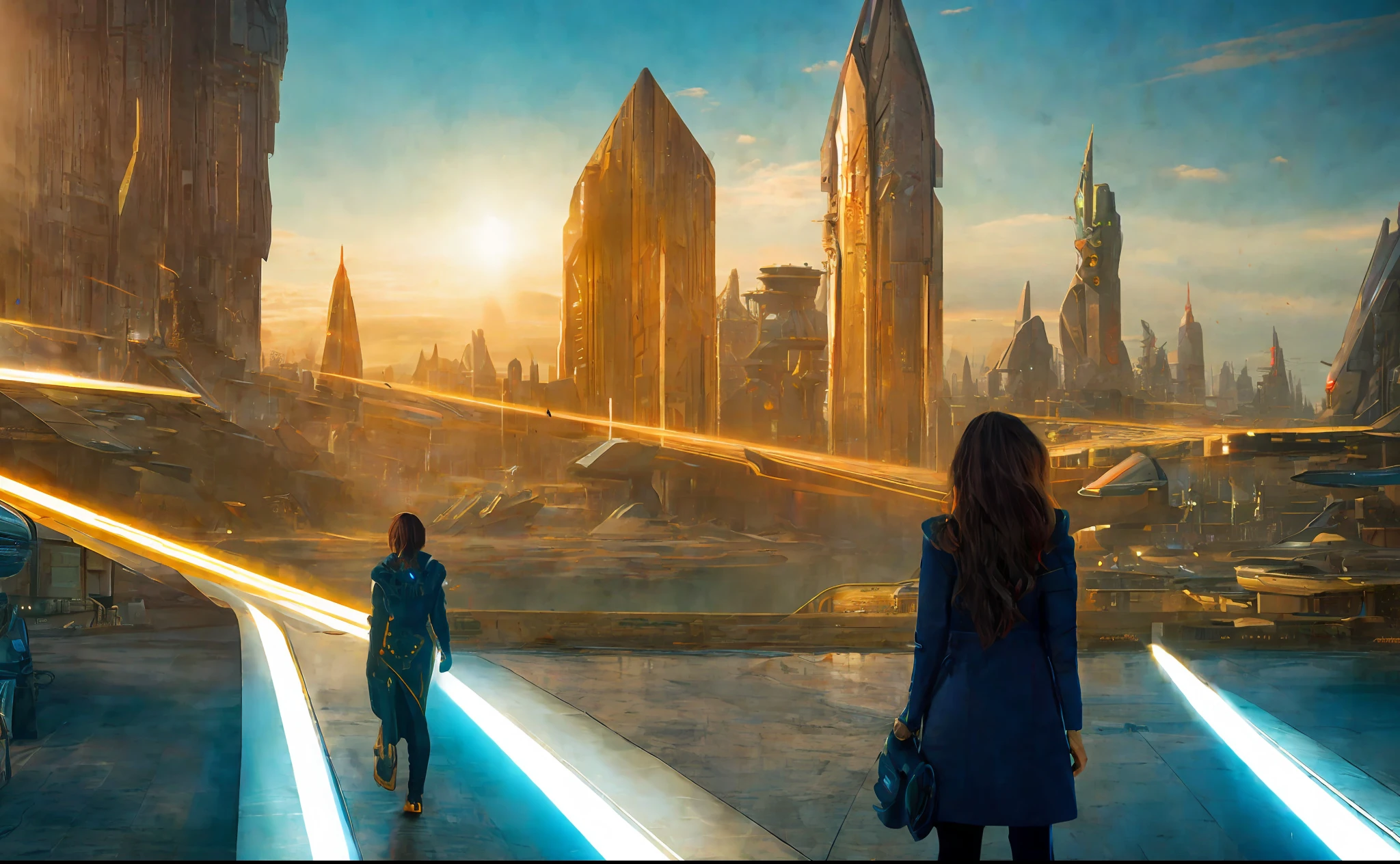 girl on the background of the city, style, Sidon, golden rays light, golden flashes, futuristic sci-fi city landscape, sci-fi, ultra-realistic, high resolution, city