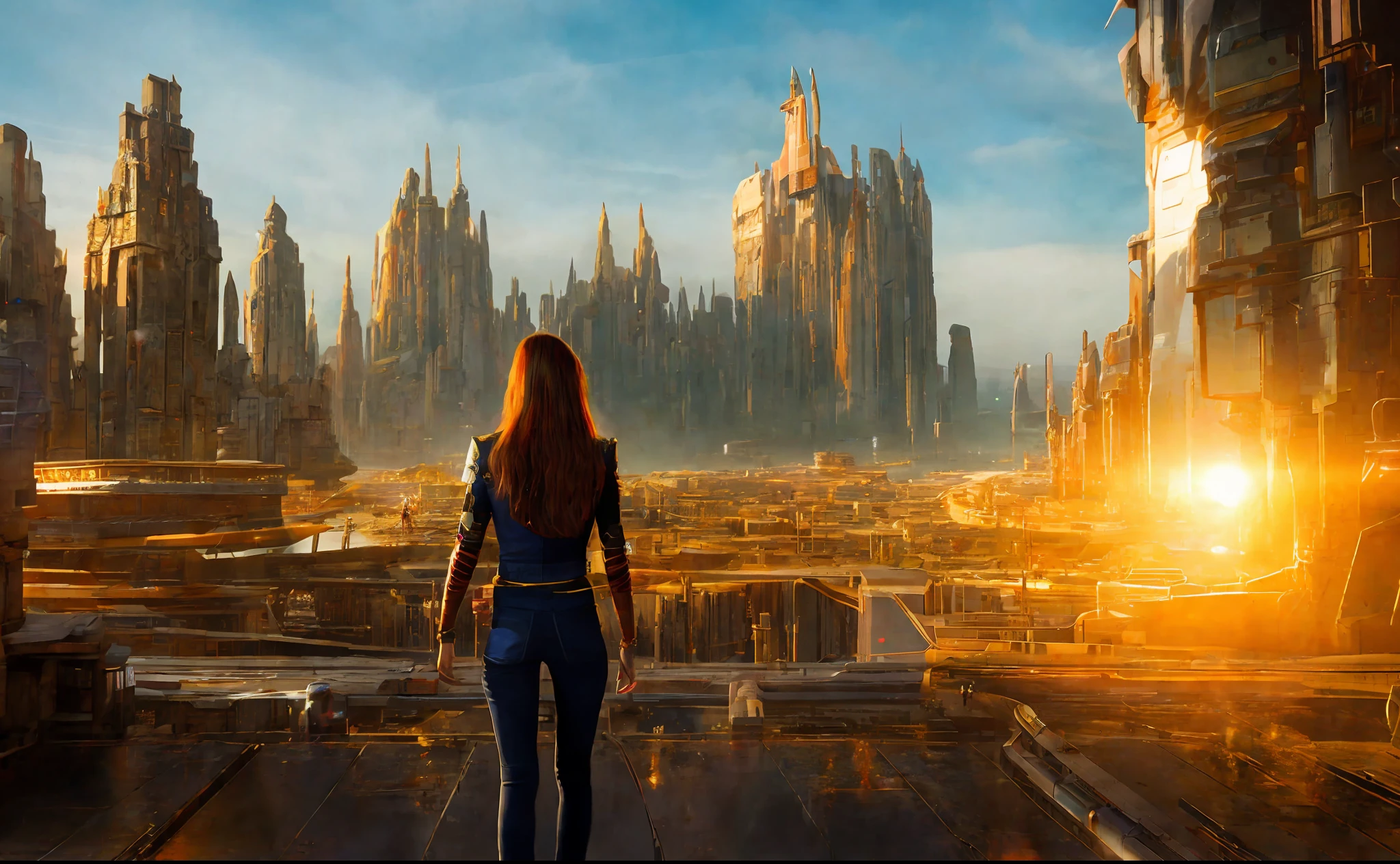 girl on the background of the city, style, Sidon, golden rays light, golden flashes, futuristic sci-fi city landscape, sci-fi, ultra-realistic, high resolution, city