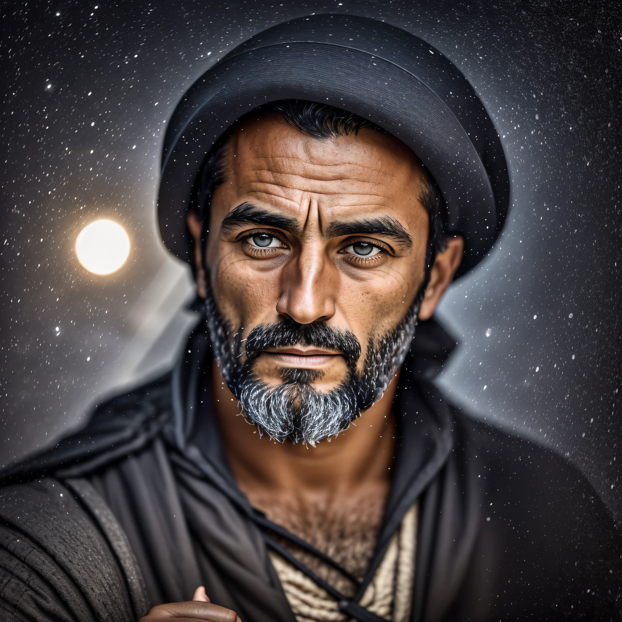 award winning upper body portrait photo of a Portuguese sailor of the Middle Ages, with a stone in his hand, dark eyes looking upwards, (bokeh:0.7), sidelit, (wrinkled face in detail:0.7), telephoto, moonlit, torchlit, gritty atmosphere, oceanic night exterior, realistic, intricate details, aged skin texture --auto --s2