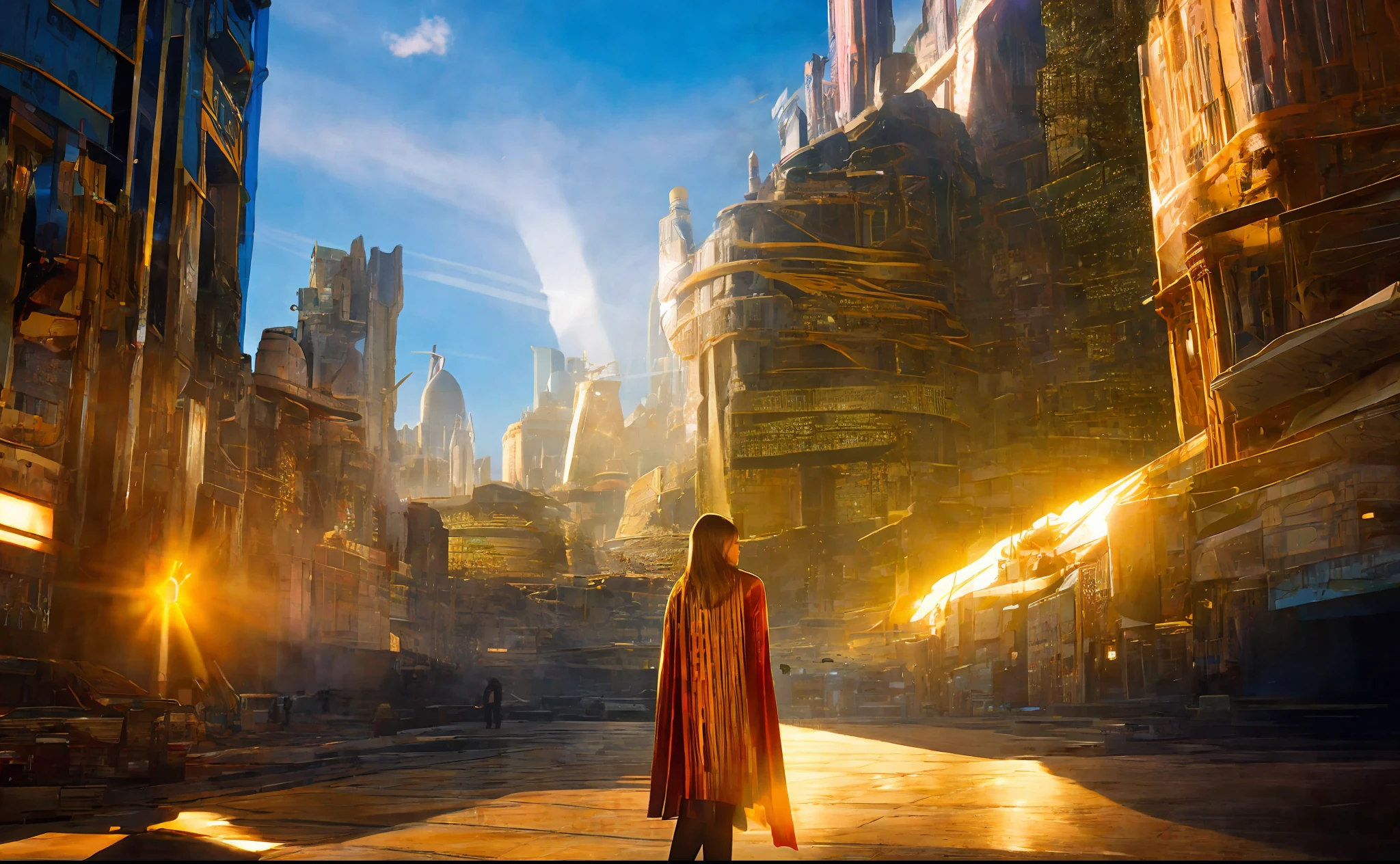 girl on the background of the city, style, Sidon, golden rays light, golden flashes, futuristic sci-fi city landscape, sci-fi, ultra-realistic, high resolution, city
