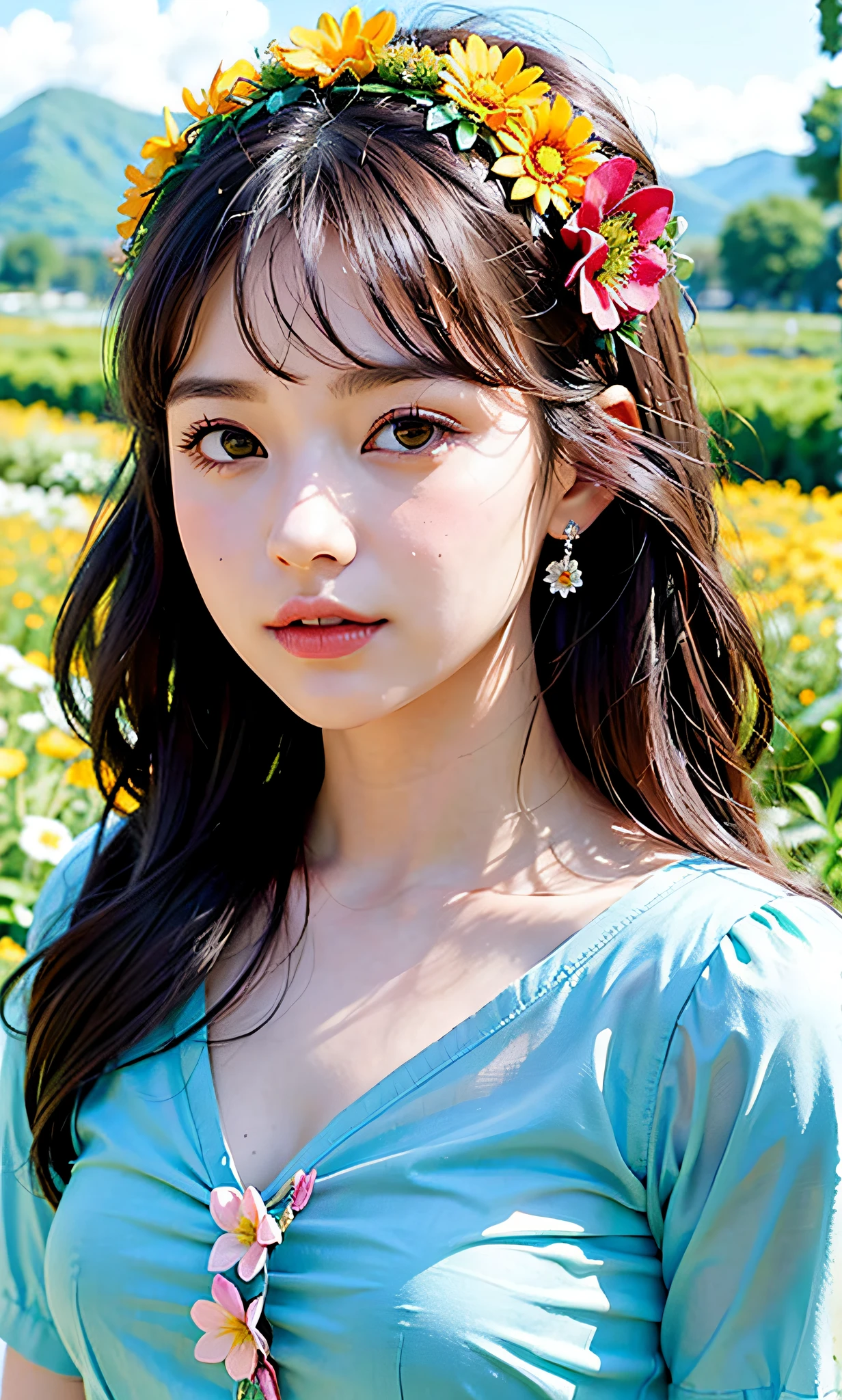arafed woman with flowers in her hair and a flower crown, floeers in hair, flower storm portrait, woman in flowers, flowers in hair, flowers on hair, flower goddess, girl in flowers, beautiful portrait photo, girl with a flower head, perky woman made of petals, female portrait with flowers, girl frontal in a flower field