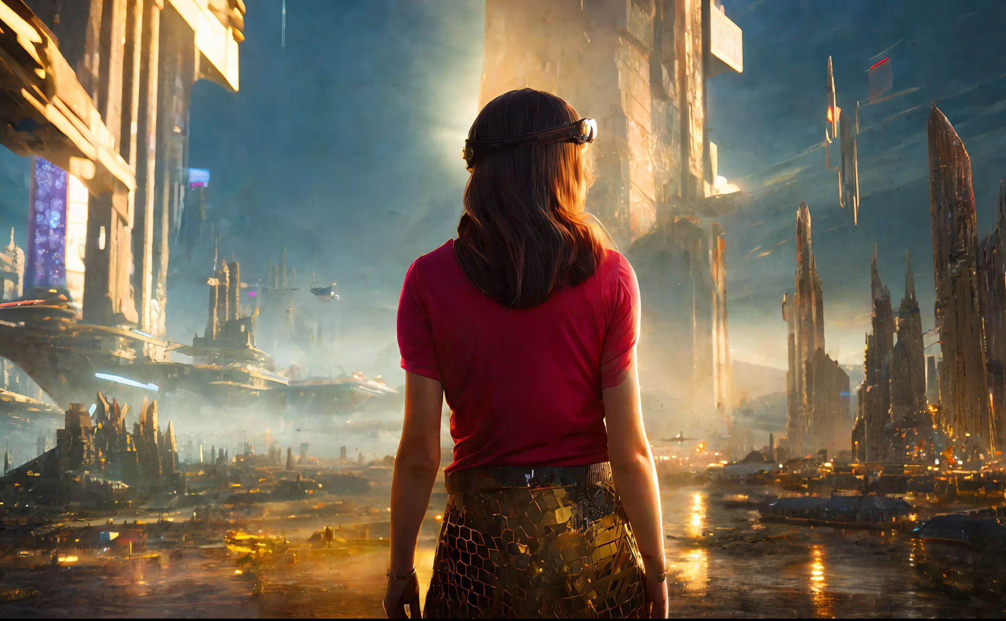 girl on the background of the city, style, Sidon, golden rays light, golden flashes, futuristic sci-fi city landscape, sci-fi, ultra-realistic, high resolution, city
