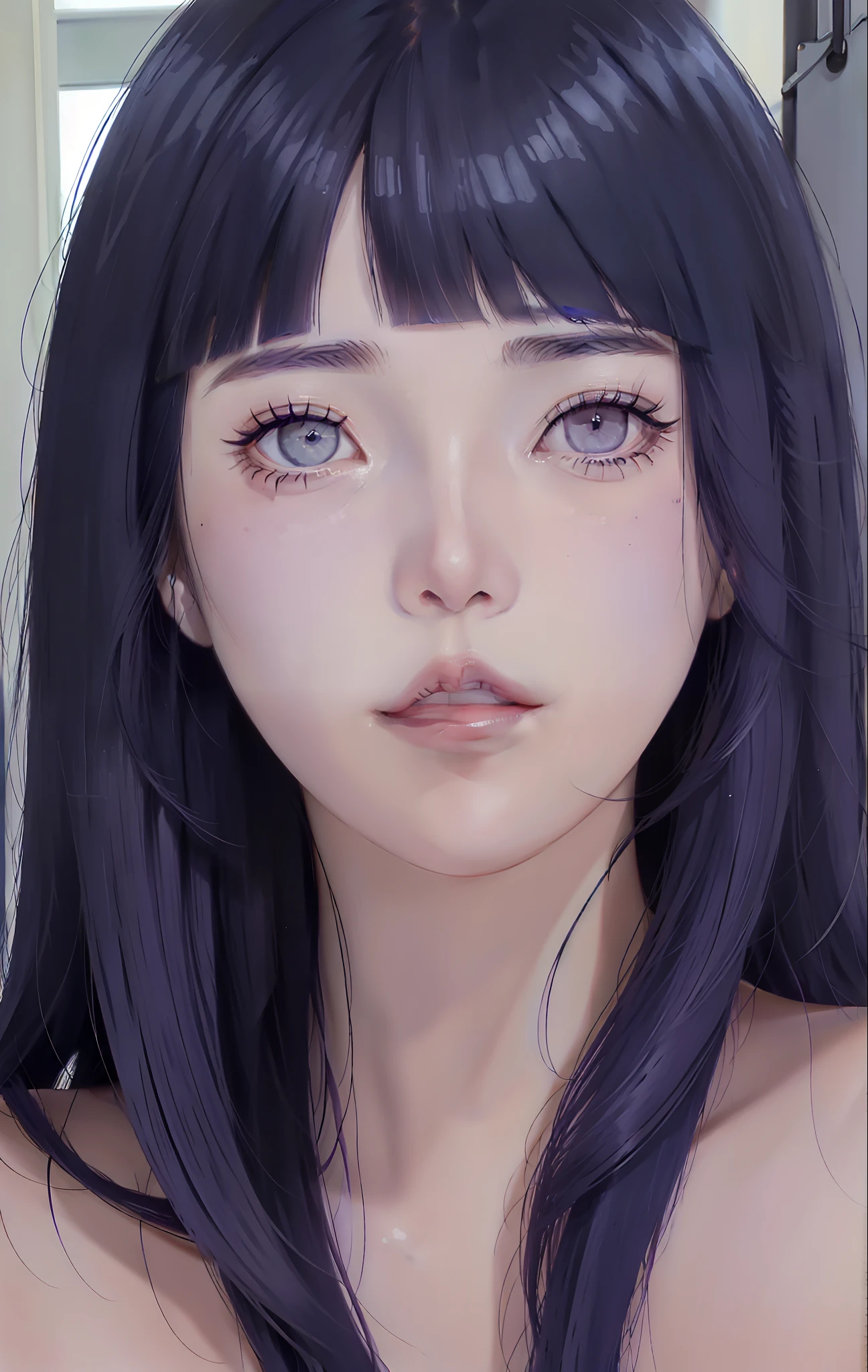 Blunt bangs, dark blue hair, super beautiful face, shining eyes, korean make up, 1 girl, purple eyes, gorgeous hair, close up, portrait, painting, pretty