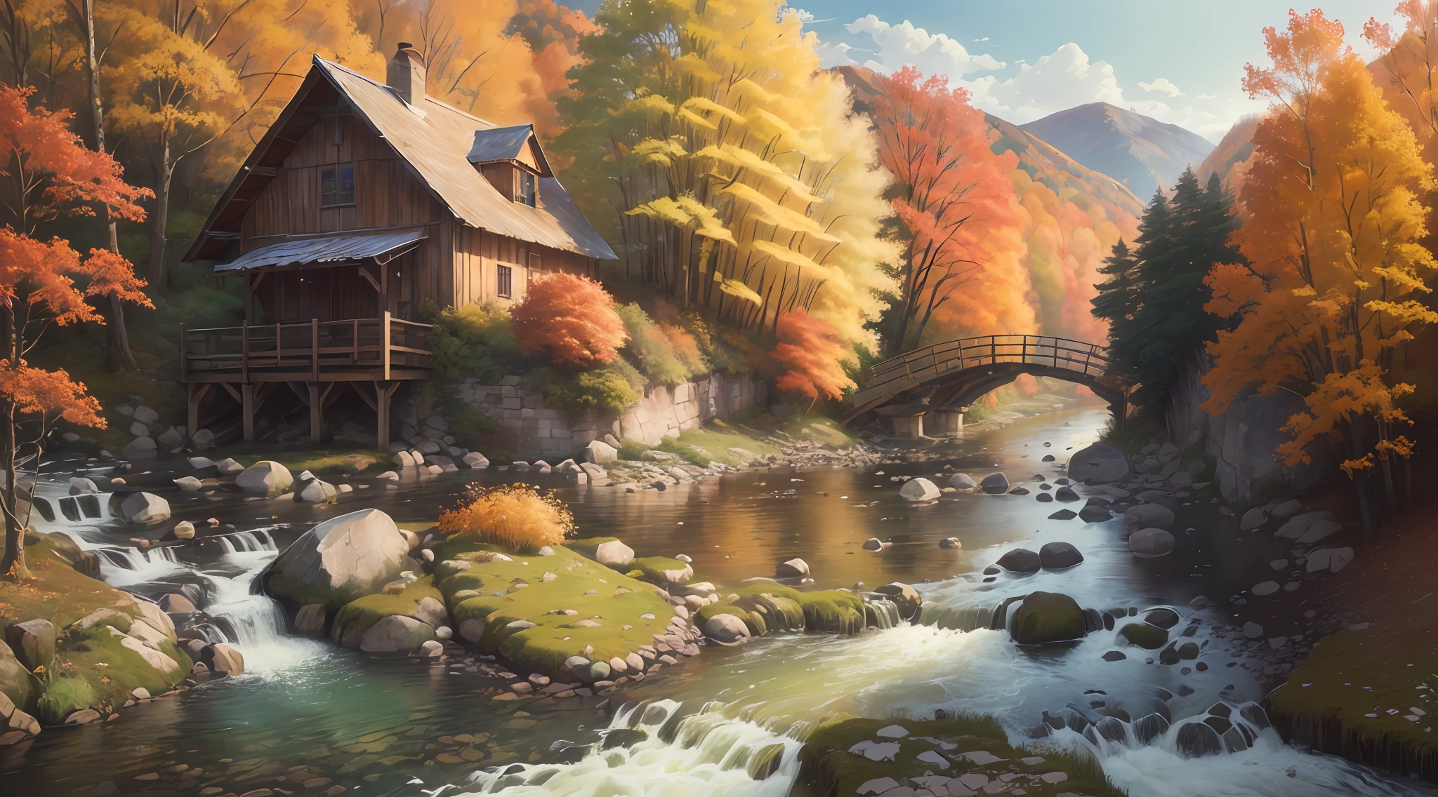 (extremely detailed and high quality), scenic natural landscape, village, rustic charm, turbulent river, Daga fall, (an artist waiting), (detailed landscape), (plein-air), high definition, very colorful environment, calm and serene, beautiful soft light filtering through the trees, autumn.