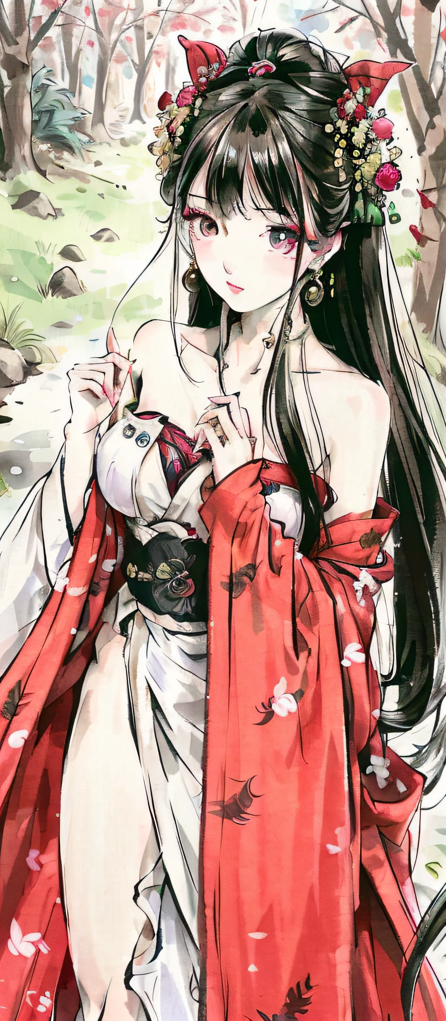 woman, masterpiece, best quality, official art, 8k wallpaper, highly detailed illustration, one woman, bewitching, lewd, sharp eyes, single, sharp eyes, adult, lewd, noble, light eyes, glossy woman in her 40s, bob hair, short cut, beautiful light brown hair, hair fluttering, cut, adult atmosphere, queen, empress, majesty, beautiful eyes, beautiful fingers, red clothes, red eyes, detailed eyes, forest, bare shoulders, kimono, calm, calm eyes, Kaede