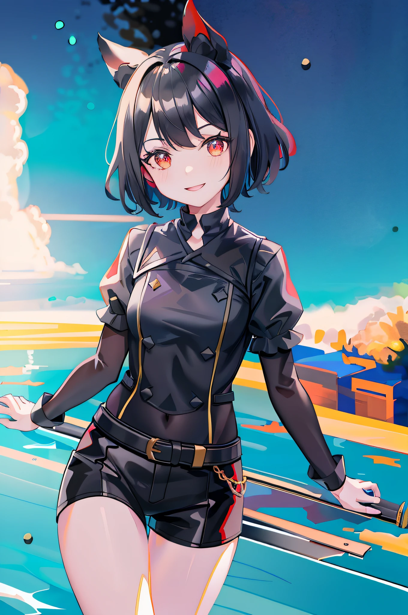 Black hair, black hair, anime girl in red vest and black shorts standing in the pool, Ayaka Genshin Impact, Rin, Ayaka Game Genshin Impact, Marine Kitagawa Fan Art, Clear Clear RPG Portrait, Kushat Klentzky Art Feminine, Female Protagonist 👀: 8, Valentina Remener, Kantai Collection Style, Red Uniform, Exquisite fan art with great detail