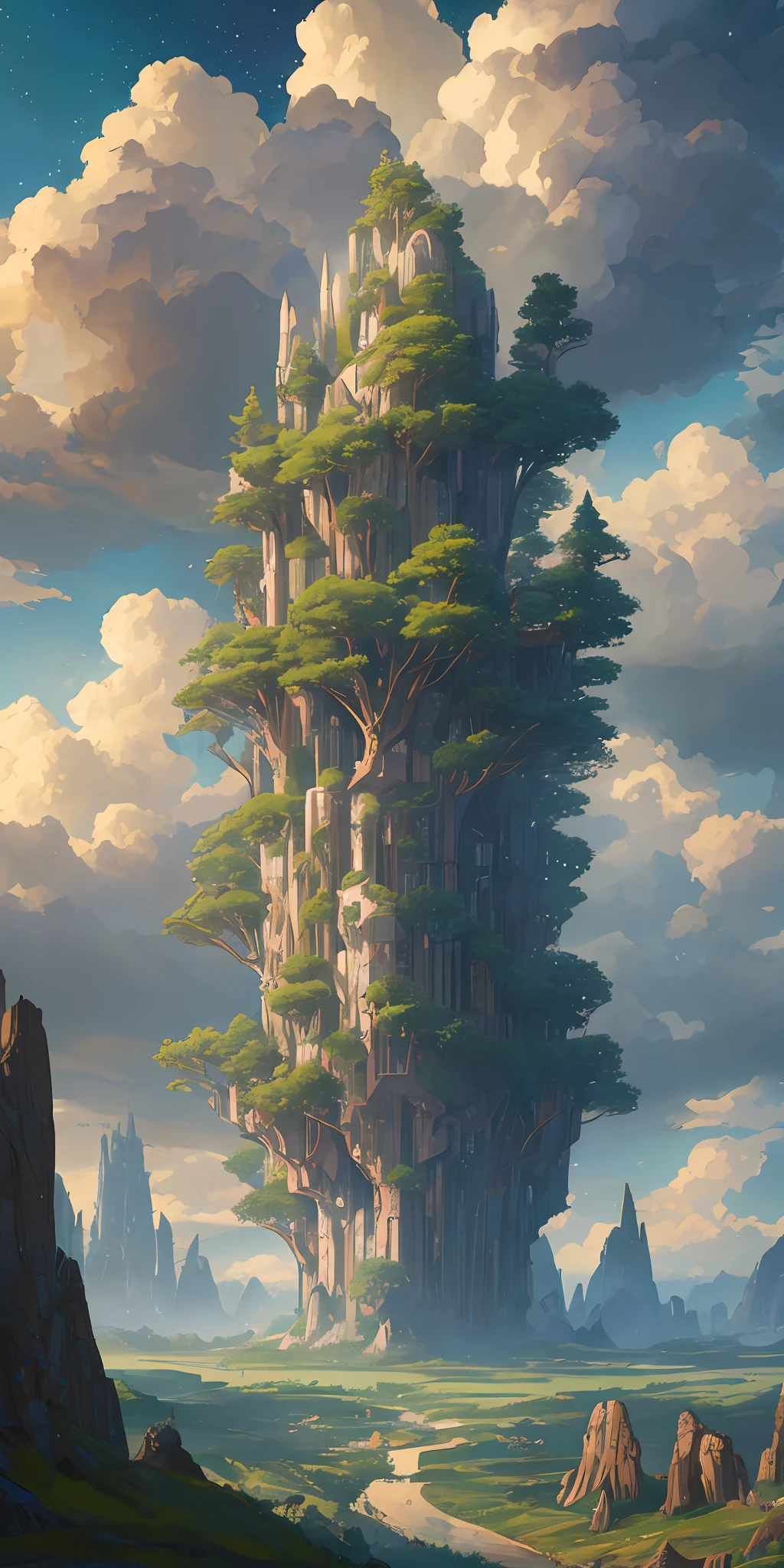Illustration of a hyperrealistic , otherworldly, ultrasky scene featuring a giant crystal tree full body,very detailed and magical lighting, intricate forest details, vegetation and river around, solarpunk ,landscape, giant tree, beatifull leafy with beautiful lighting and realistic proportions, as if it were a cinematic background, 8k, highest quality, masterpiece, clouds and stars in the sky.Sky, Clouds, holding_weapon, no_humans, Glow, giant mechanical _ trees , city with tall trees _Architecture, “sky, cloud, glowing, big trees ,ghost in the shell, ghost machines, robot, cybernetic _trees, tree_mech, sci-fi, cityscape, realistic, mechanical” Science Fiction, Cities, Rendered in Octane, hyper realistic, 8k, epic composition, cinematic, octane render, artstation landscape vista photography by Carr Clifton & Galen Rowell, 16K resolution, Landscape veduta photo by Dustin Lefevre & tdraw, 8k resolution, detailed landscape painting by Ivan Shishkin, DeviantArt, Flickr, rendered in Enscape, Miyazaki, Nausicaa Ghibli, Breath of The Wild,,trending in artstation, cgsociety, 8k post-processing highly detailed,Junji Murakami, Mucha Klimt, Sharandula, Hiroshi Yoshida, Tom Bagshaw, Ross Tran, Artgerm,Craig Mullins,dramatic,Junji Murakami, moody lighting rendered by octane engine,characters 8K symmetrical arstation, cape,cinematic lighting, intricate details, 8k detail post processing, hyperealistic, octane rend, Zdzisław Beksiński style, ar 2:3 Reality Reality –auto –v6 –s2 --auto --s2