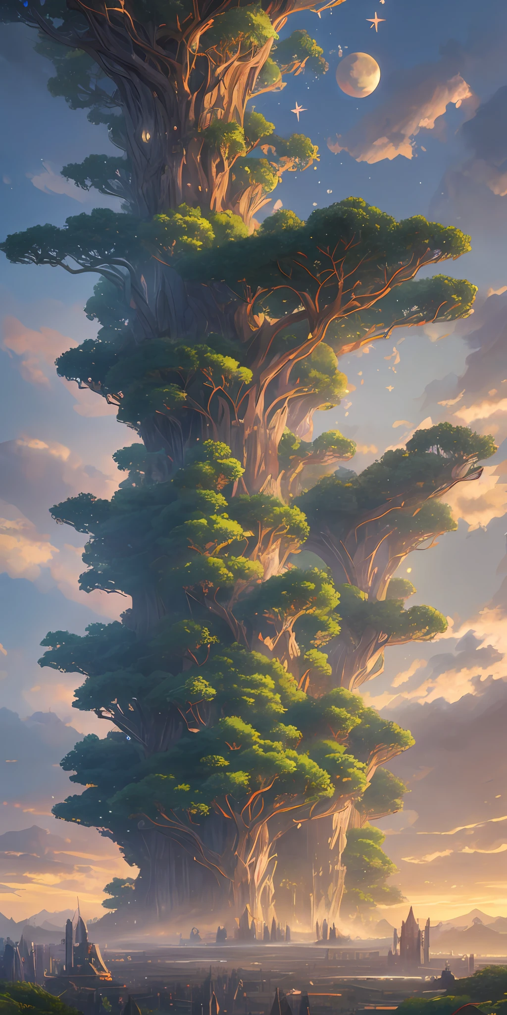 Illustration of a hyperrealistic , otherworldly, ultrasky scene featuring a giant crystal tree full body,very detailed and magical lighting, intricate forest details, vegetation and river around, solarpunk ,landscape, giant tree, beatifull leafy with beautiful lighting and realistic proportions, as if it were a cinematic background, 8k, highest quality, masterpiece, clouds and stars in the sky.Sky, Clouds, holding_weapon, no_humans, Glow, giant mechanical _ trees , city with tall trees _Architecture, “sky, cloud, glowing, big trees ,ghost in the shell, ghost machines, robot, cybernetic _trees, tree_mech, sci-fi, cityscape, realistic, mechanical” Science Fiction, Cities, Rendered in Octane, hyper realistic, 8k, epic composition, cinematic, octane render, artstation landscape vista photography by Carr Clifton & Galen Rowell, 16K resolution, Landscape veduta photo by Dustin Lefevre & tdraw, 8k resolution, detailed landscape painting by Ivan Shishkin, DeviantArt, Flickr, rendered in Enscape, Miyazaki, Nausicaa Ghibli, Breath of The Wild,,trending in artstation, cgsociety, 8k post-processing highly detailed,Junji Murakami, Mucha Klimt, Sharandula, Hiroshi Yoshida, Tom Bagshaw, Ross Tran, Artgerm,Craig Mullins,dramatic,Junji Murakami, moody lighting rendered by octane engine,characters 8K symmetrical arstation, cape,cinematic lighting, intricate details, 8k detail post processing, hyperealistic, octane rend, Zdzisław Beksiński style, ar 2:3 Reality Reality –auto –v6 –s2 --auto --s2