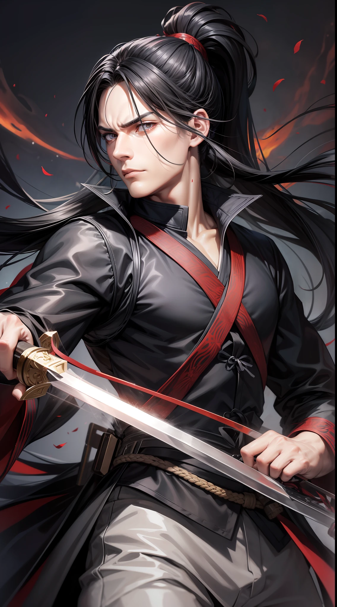 Adult man, black long hair, high ponytail, gray eyes, red hanfu, fiery sword, masterpiece, high quality