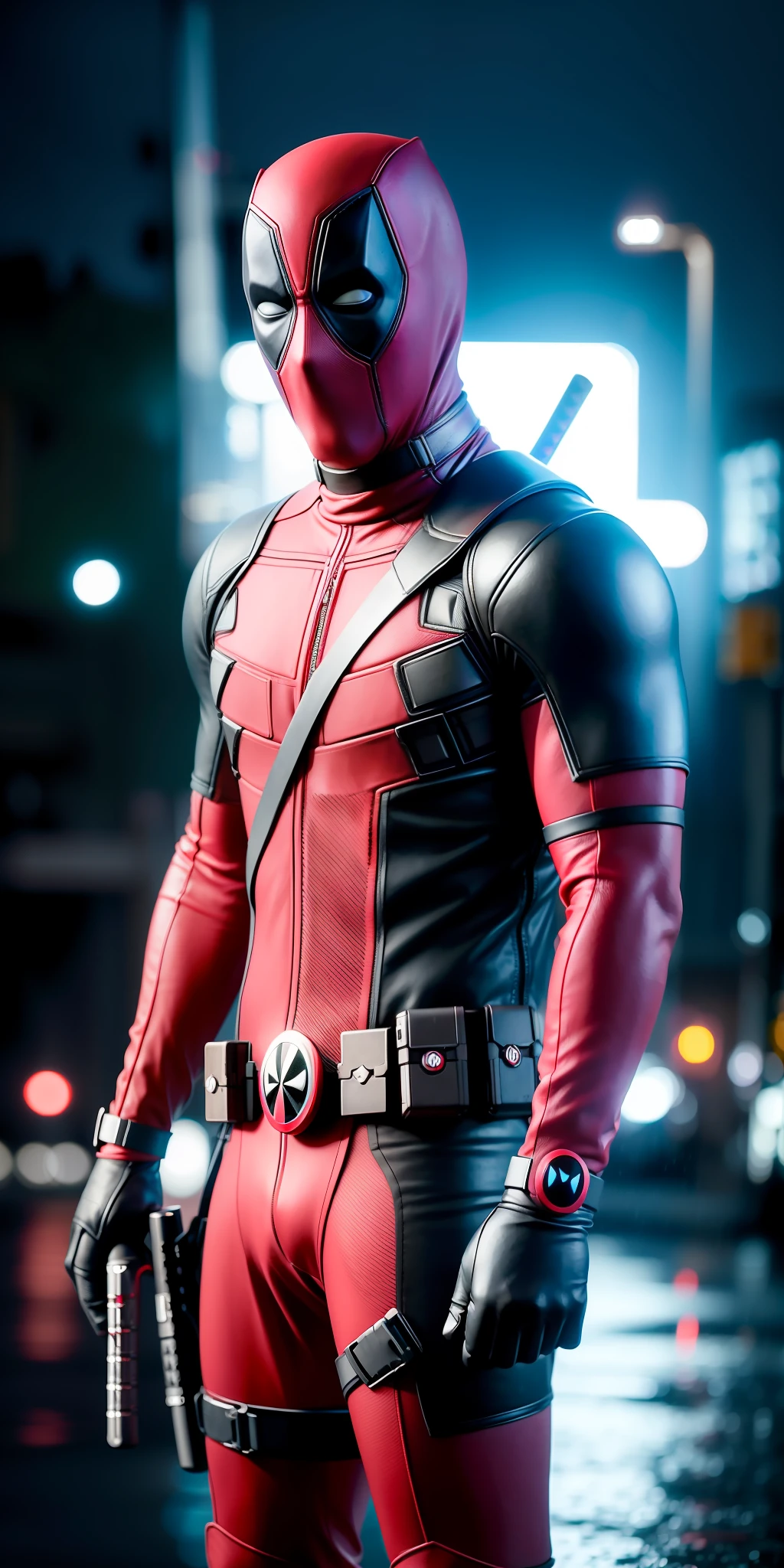 Deadpool from Marvel, Face Lighting, Bright Backlighting, Ultra High Resolution, Best Quality, Photo, 8k, (Photorealistic:1.2), Rain, City at Night, Neon Light
