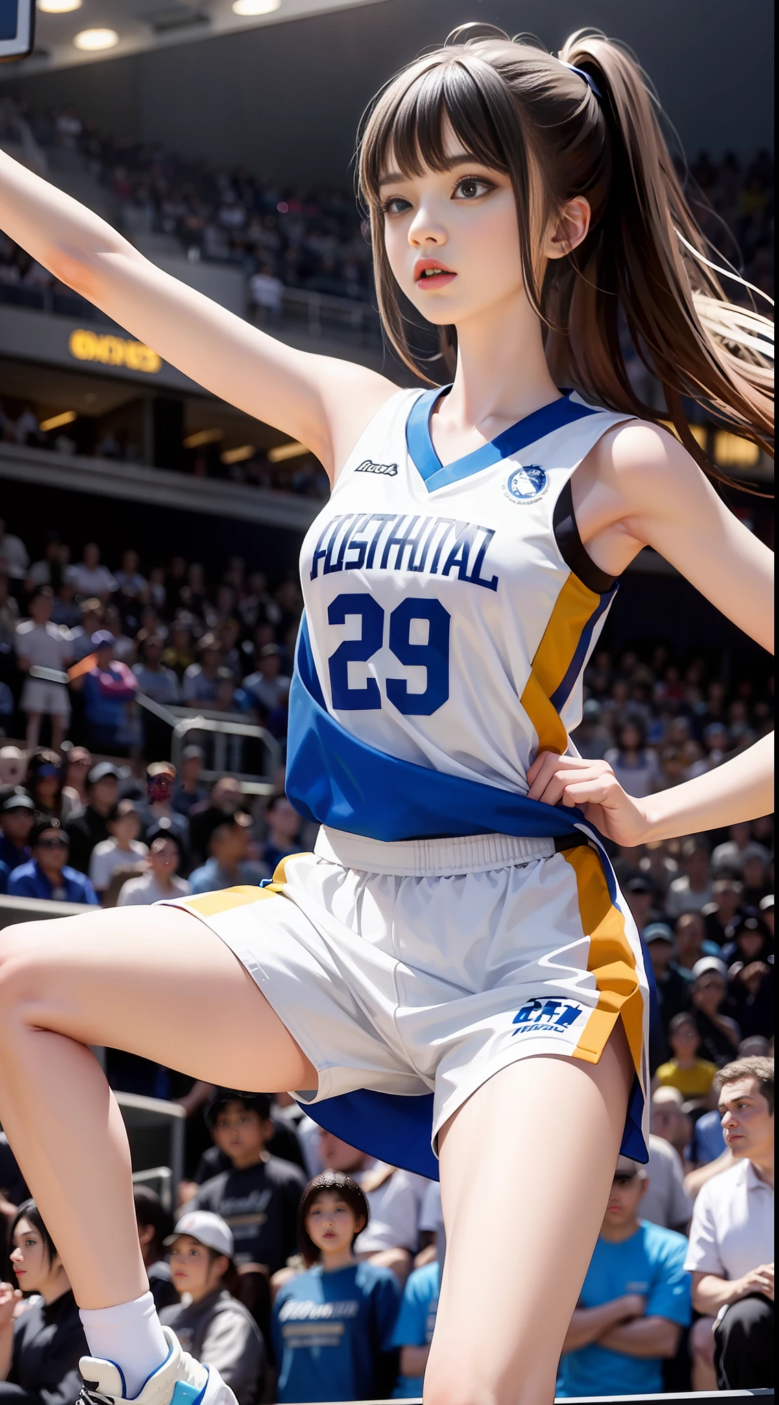 High quality, two-dimensional style, a girl, basketball, campus, white jersey, a basketball, facing the audience