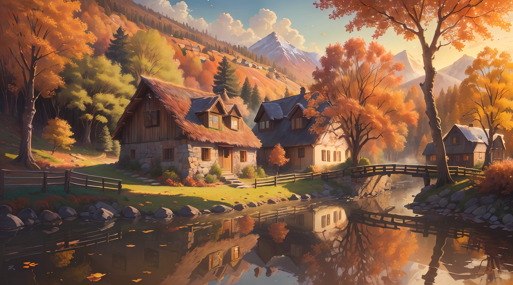 (extremely detailed and high quality), scenic natural landscape, village, rustic charm, (an artist waiting), (detailed landscape), (plein-air), high definition, very colorful environment, calm and serene, beautiful soft light filtering through the trees, autumn.