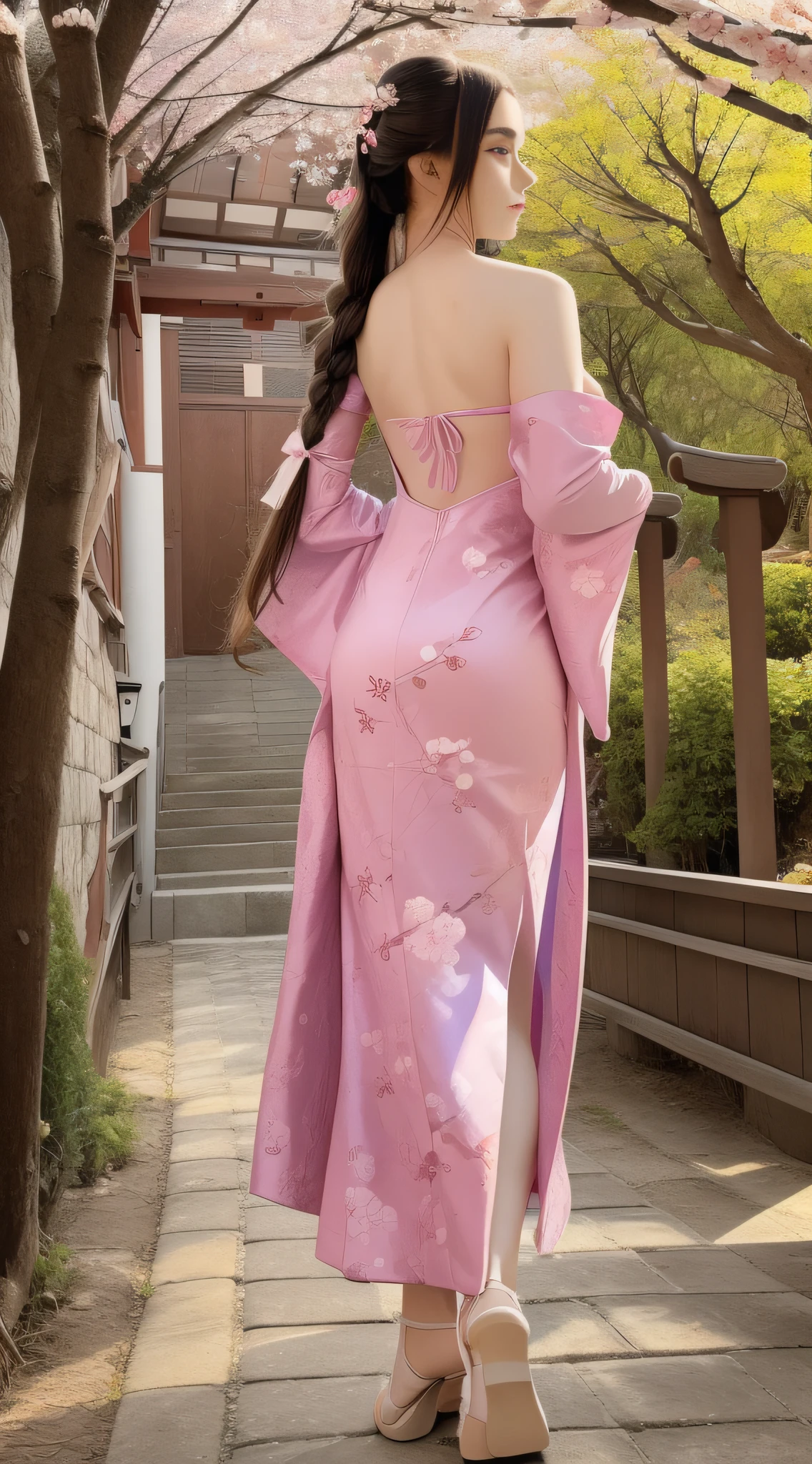 skswoman,FULL SHOT, FULL DETAILED BODY, a masterpiece of erotic art, 1GIRL, in detail ta DASHA in the image of a Japanese geisha walks towards the camera along a picturesque alley with blooming Japanese sakura along a path covered with fallen pink sakura petals, in detail her hair is long chestnut to the ground, in detail her eyes are bright brown , in detail the eyelashes are long and fluffy, in detail the lips are delicate, in detail the make-up is pink, in detail the clothes are a translucent Japanese sapphire-colored kimono with sakura flowers in the form of applications, in detail the shoes are Japanese sapphire-colored gane with braids on the legs, in detail the ultra-short kimono with deep cutouts and decollete exposes beautiful slender legs to, character flirting at the camera, back light bright sun rays, detailed beautiful rim light, soft front light, soft shadows on the face, beautiful chiaroscuro on the face and body, hyperrealism, hyperdetail, high resolution, clear focus, uhd, 32k , site 500px, David Dubnitsky style, nudeart style.